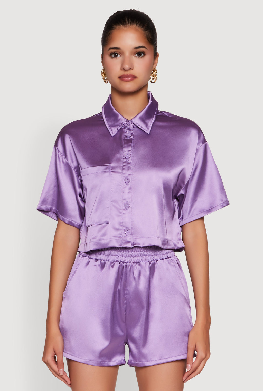 Elegant Cropped Satin Button Front Shirt