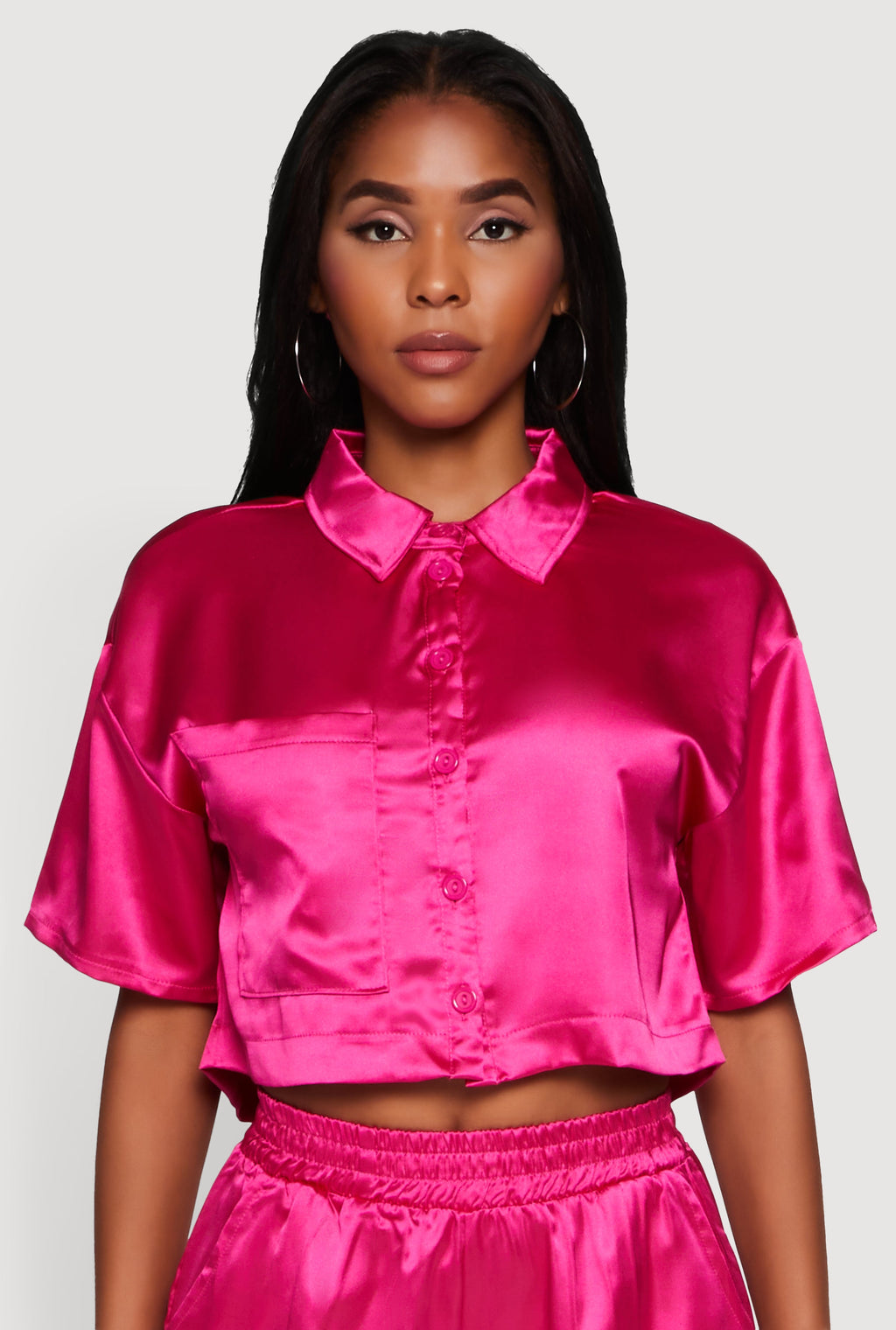 Elegant Cropped Satin Button Front Shirt