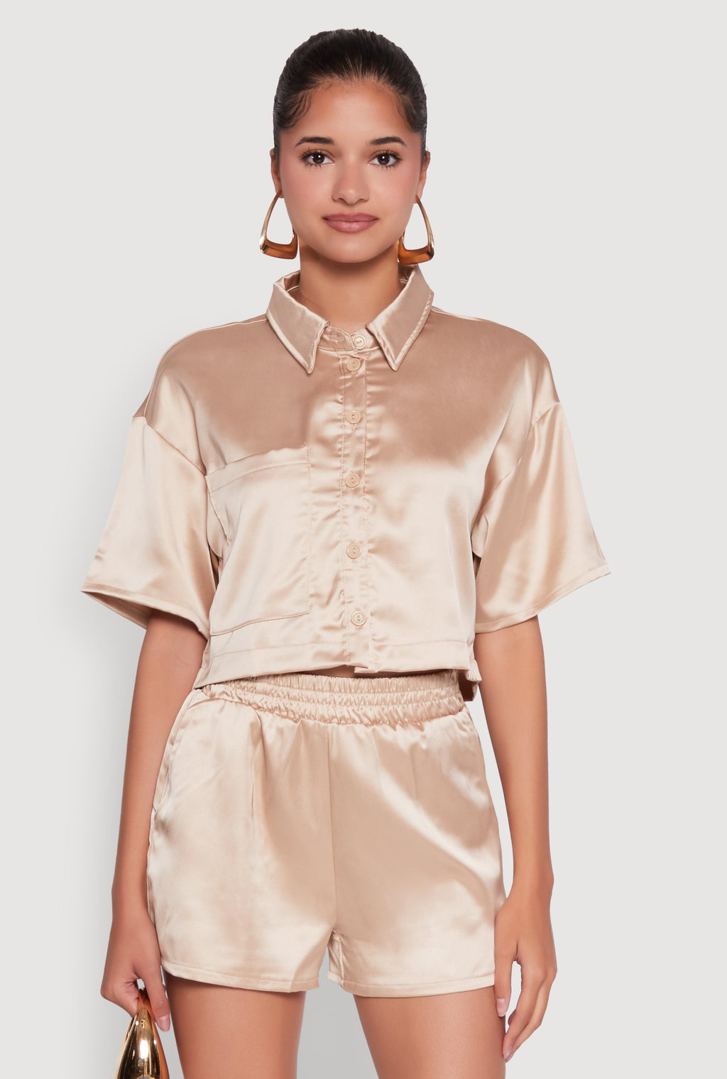 Elegant Cropped Satin Button Front Shirt