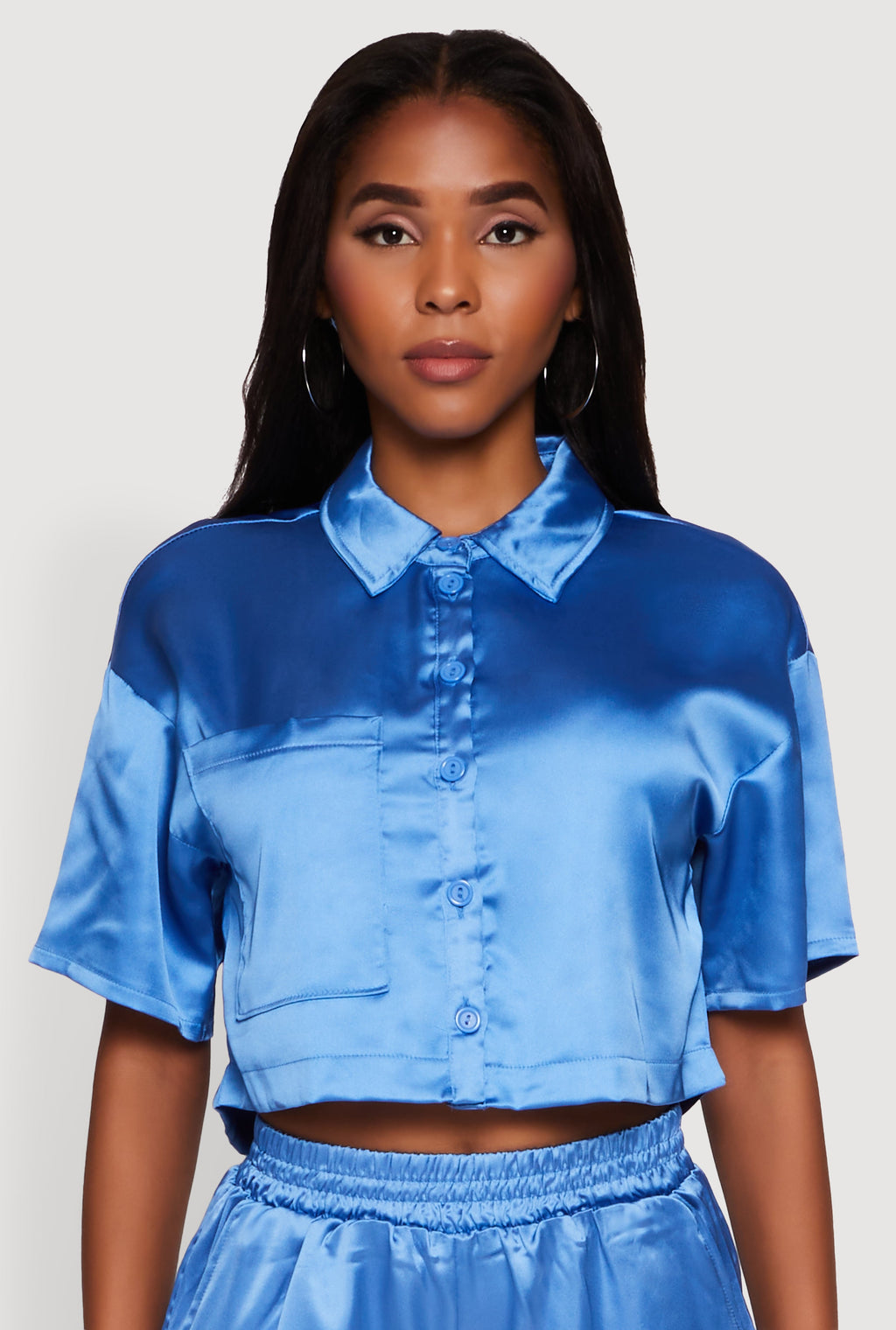 Elegant Cropped Satin Button Front Shirt