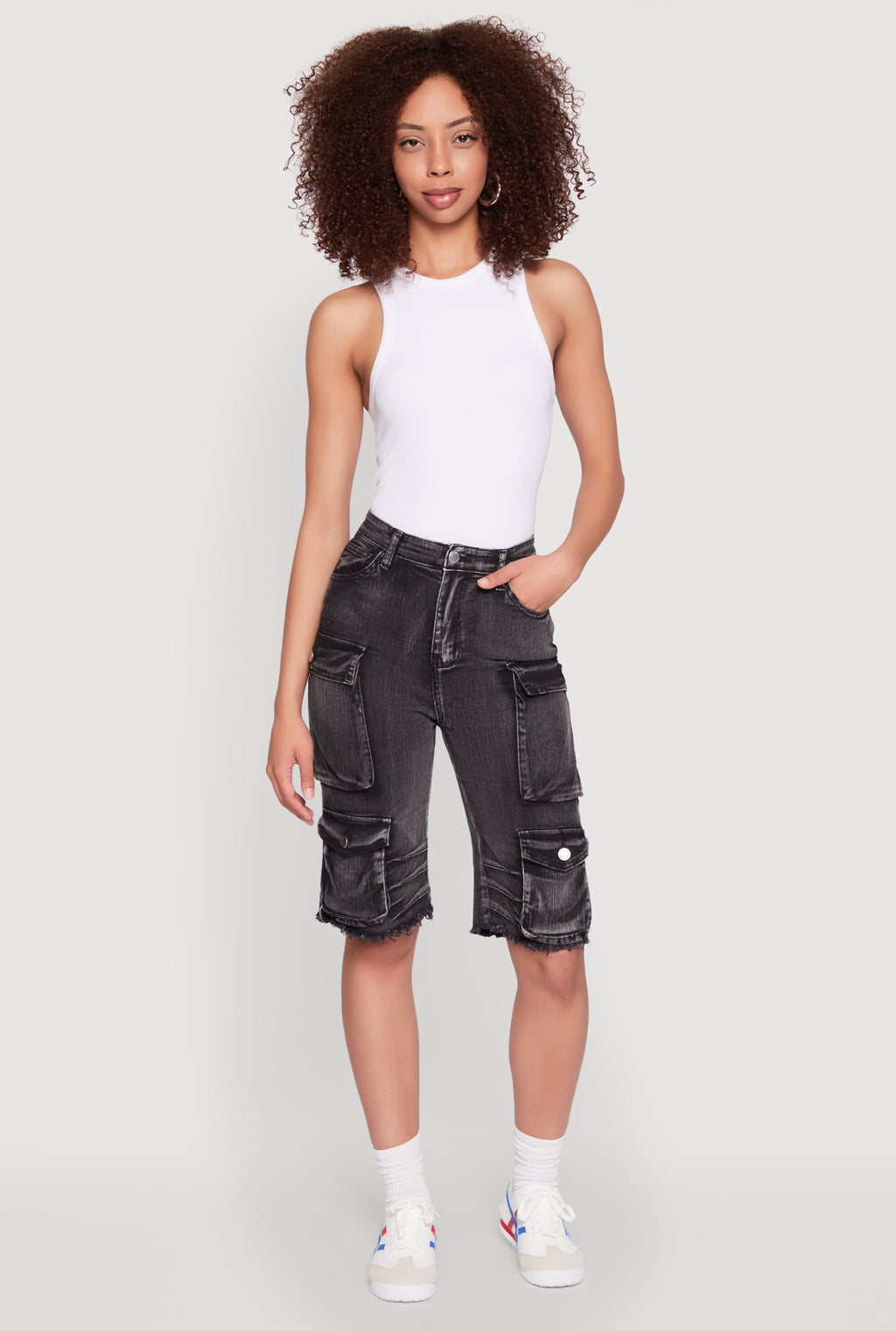 Daisy Acid Wash Raw Hem Utility Bermuda Shorts