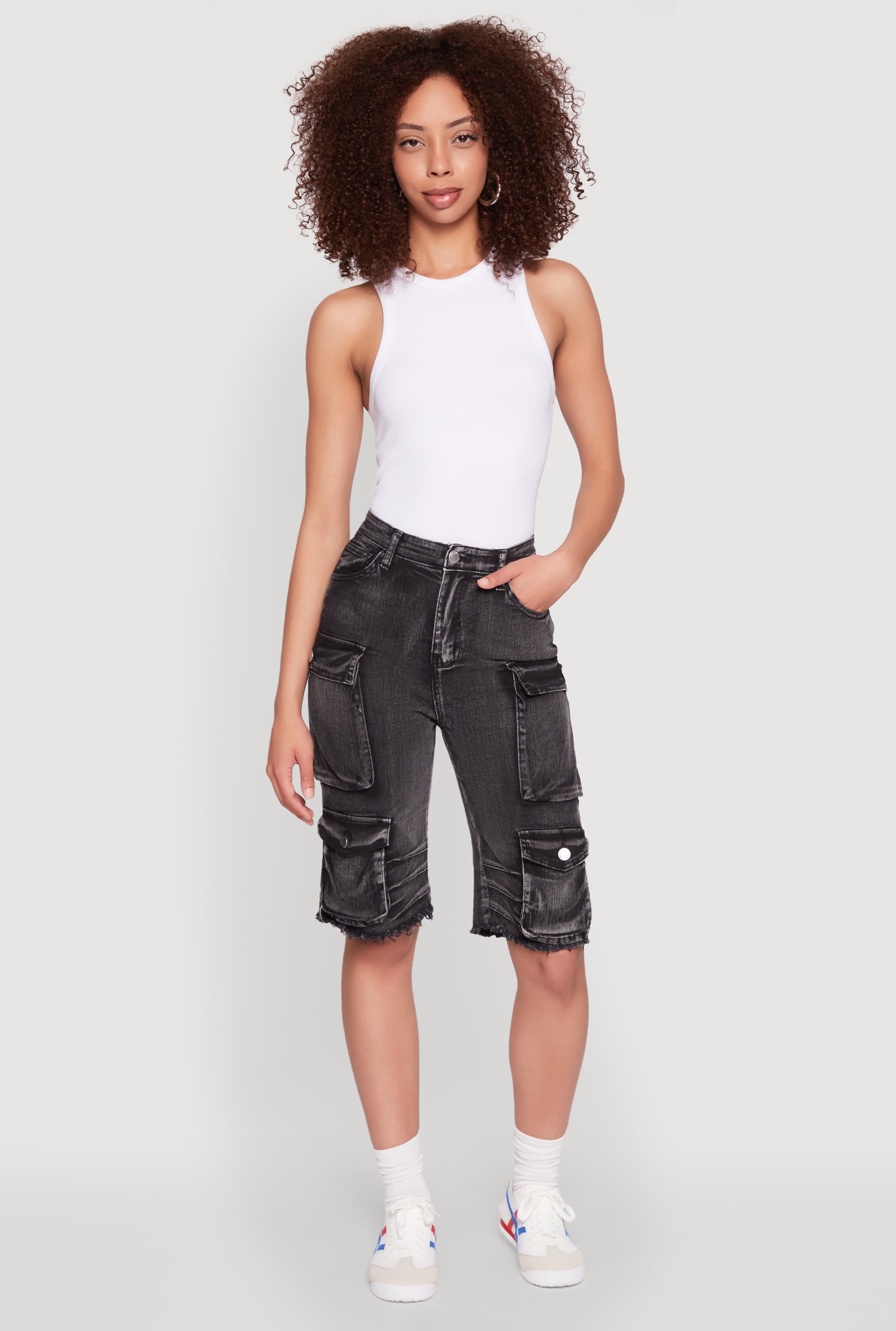 Daisy Acid Wash Raw Hem Utility Bermuda Shorts