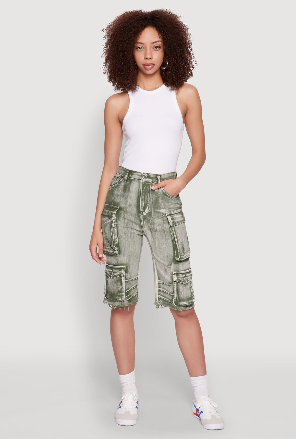 Daisy Acid Wash Raw Hem Utility Bermuda Shorts