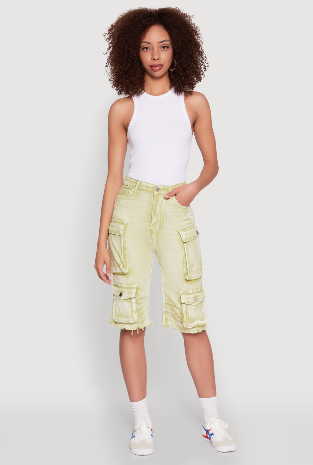 Daisy Acid Wash Raw Hem Utility Bermuda Shorts