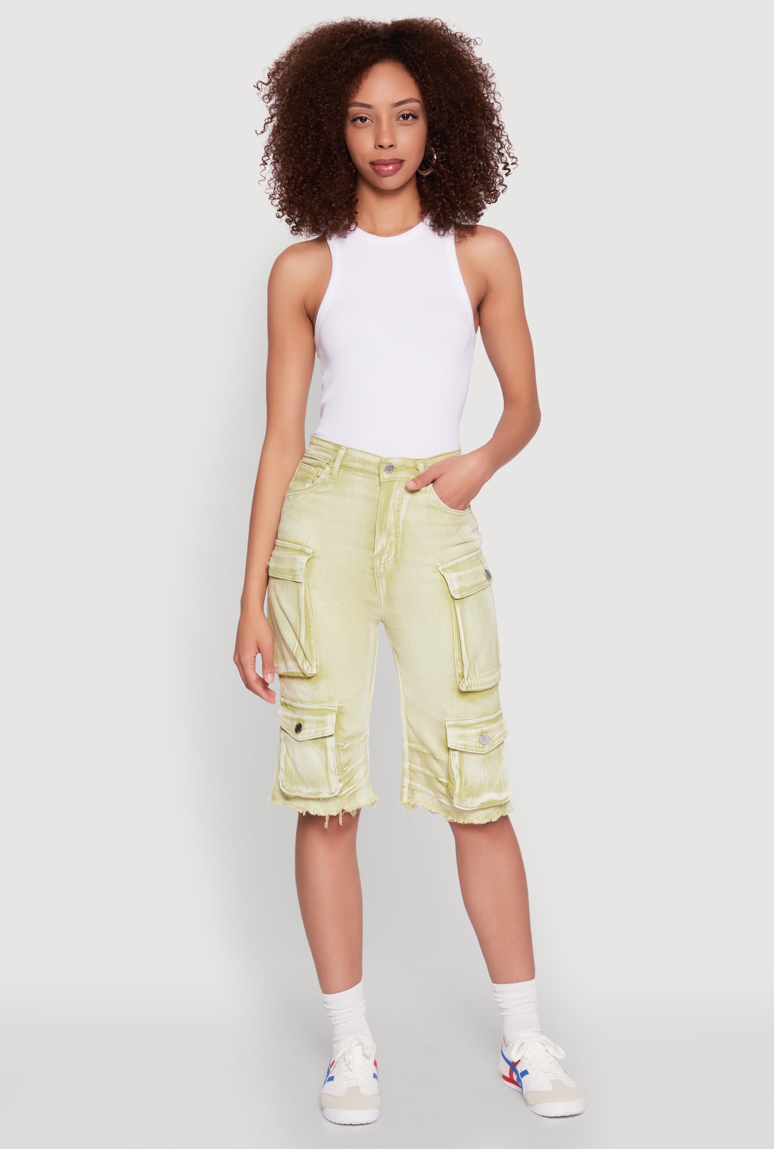 Daisy Acid Wash Raw Hem Utility Bermuda Shorts