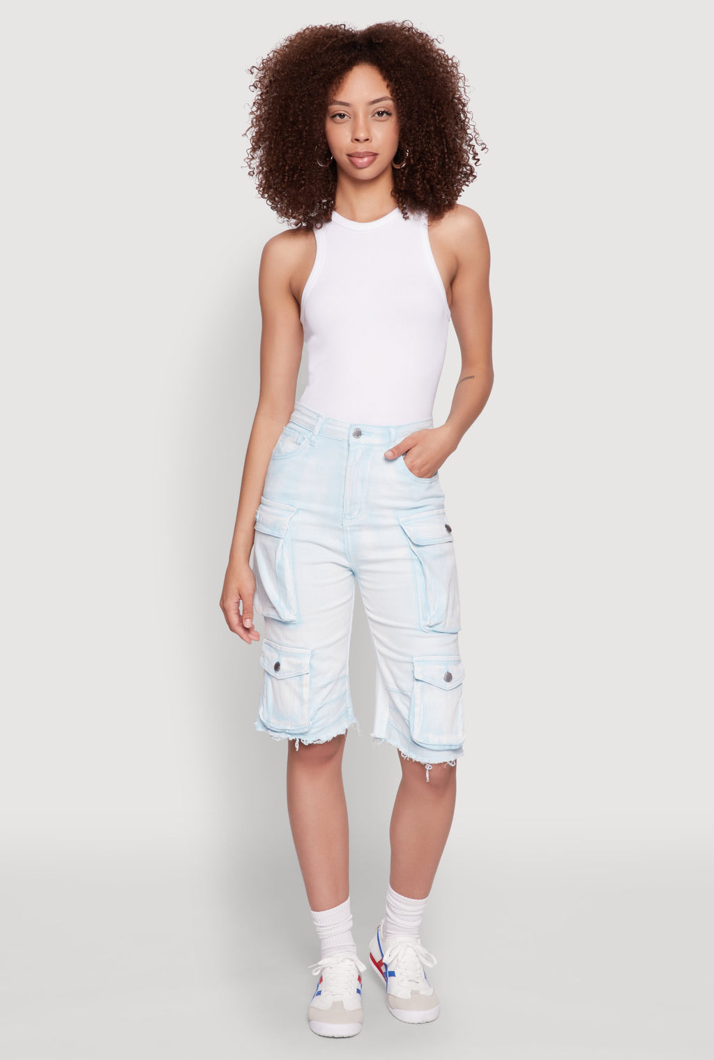 Daisy Acid Wash Raw Hem Utility Bermuda Shorts