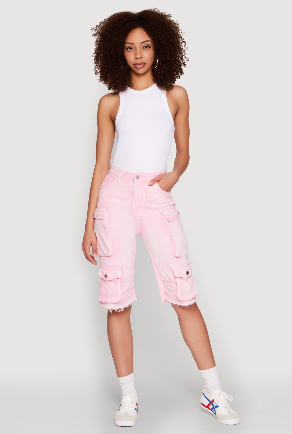 Daisy Acid Wash Raw Hem Utility Bermuda Shorts