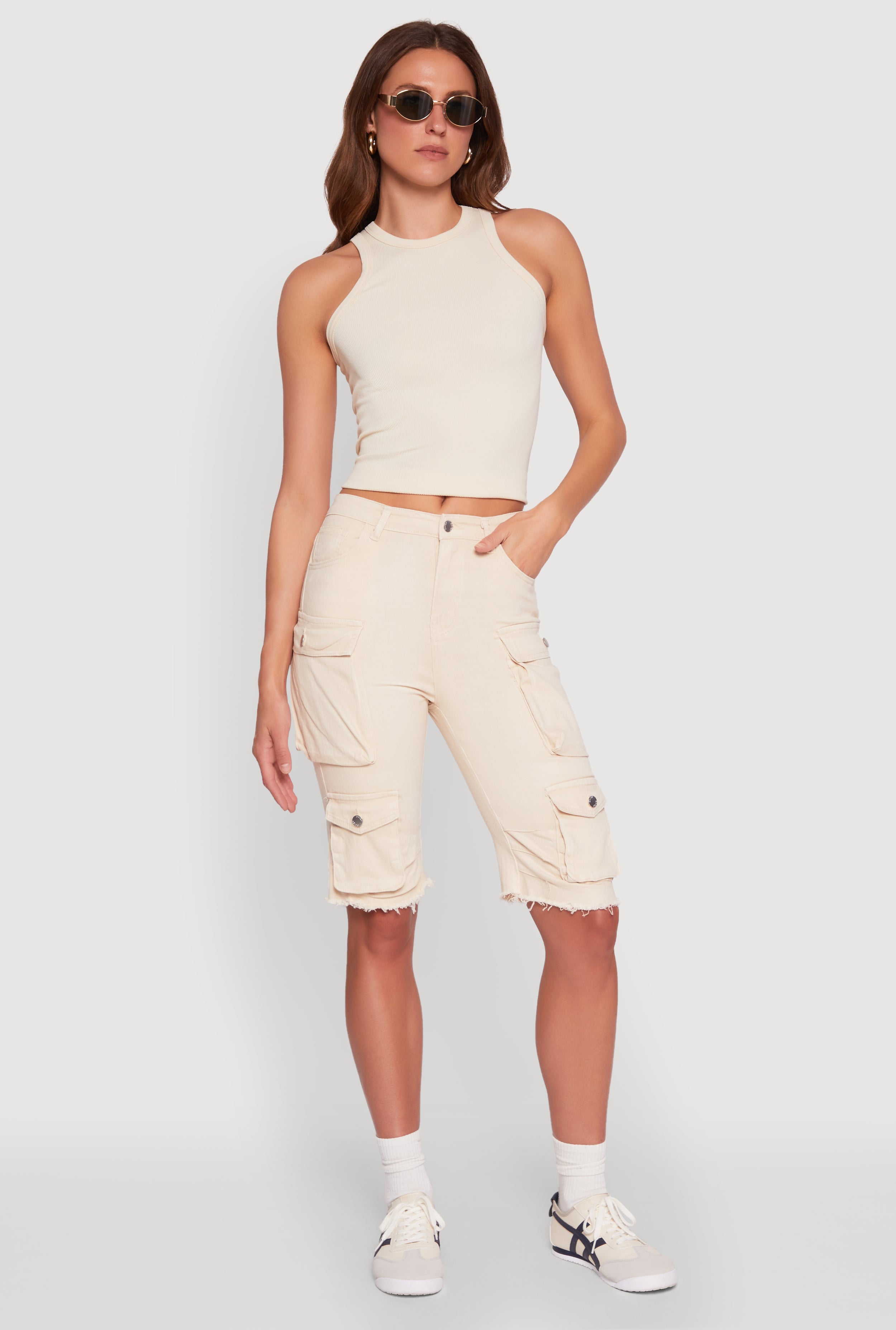 Daisy Acid Wash Raw Hem Utility Bermuda Shorts