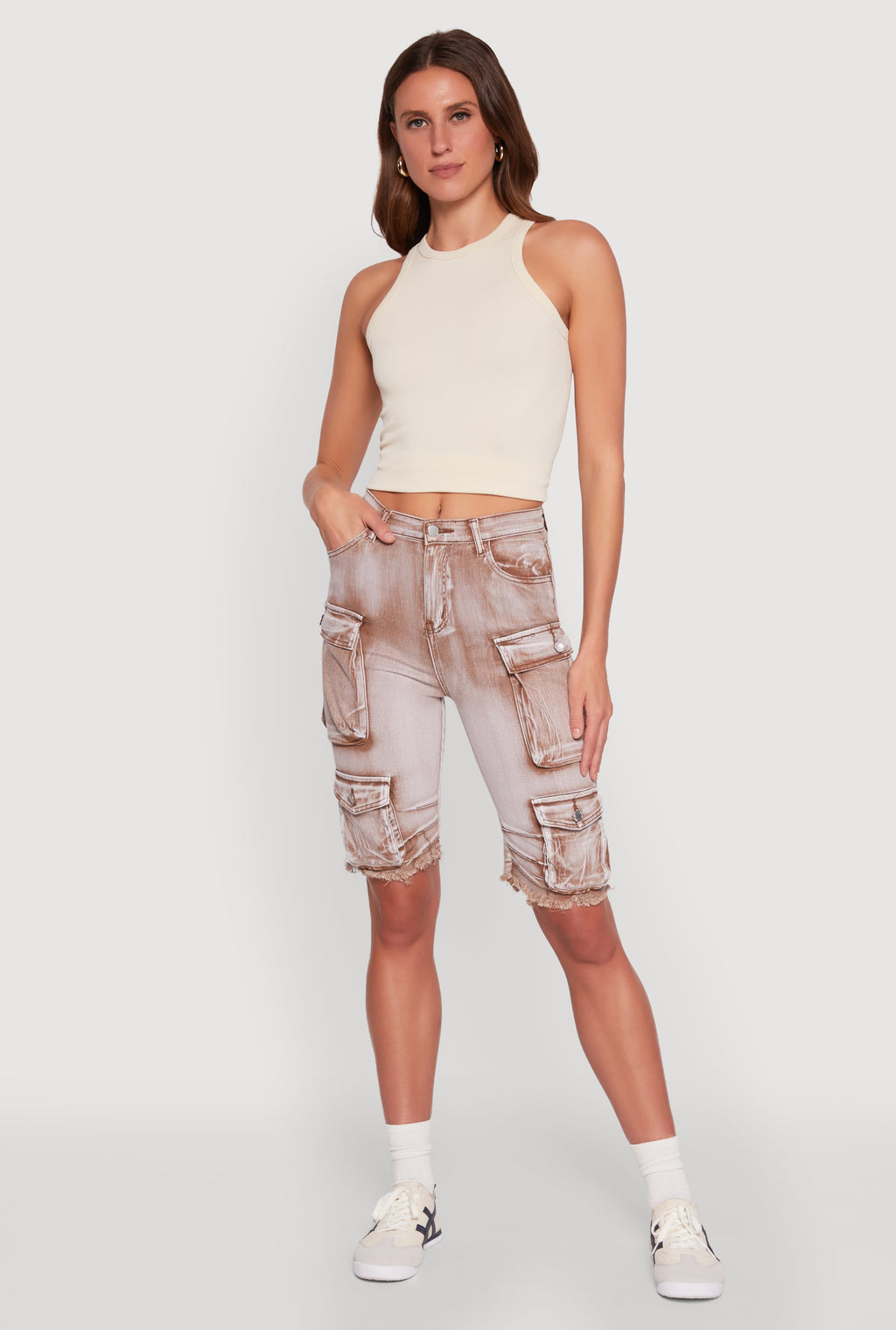 Daisy Acid Wash Raw Hem Utility Bermuda Shorts
