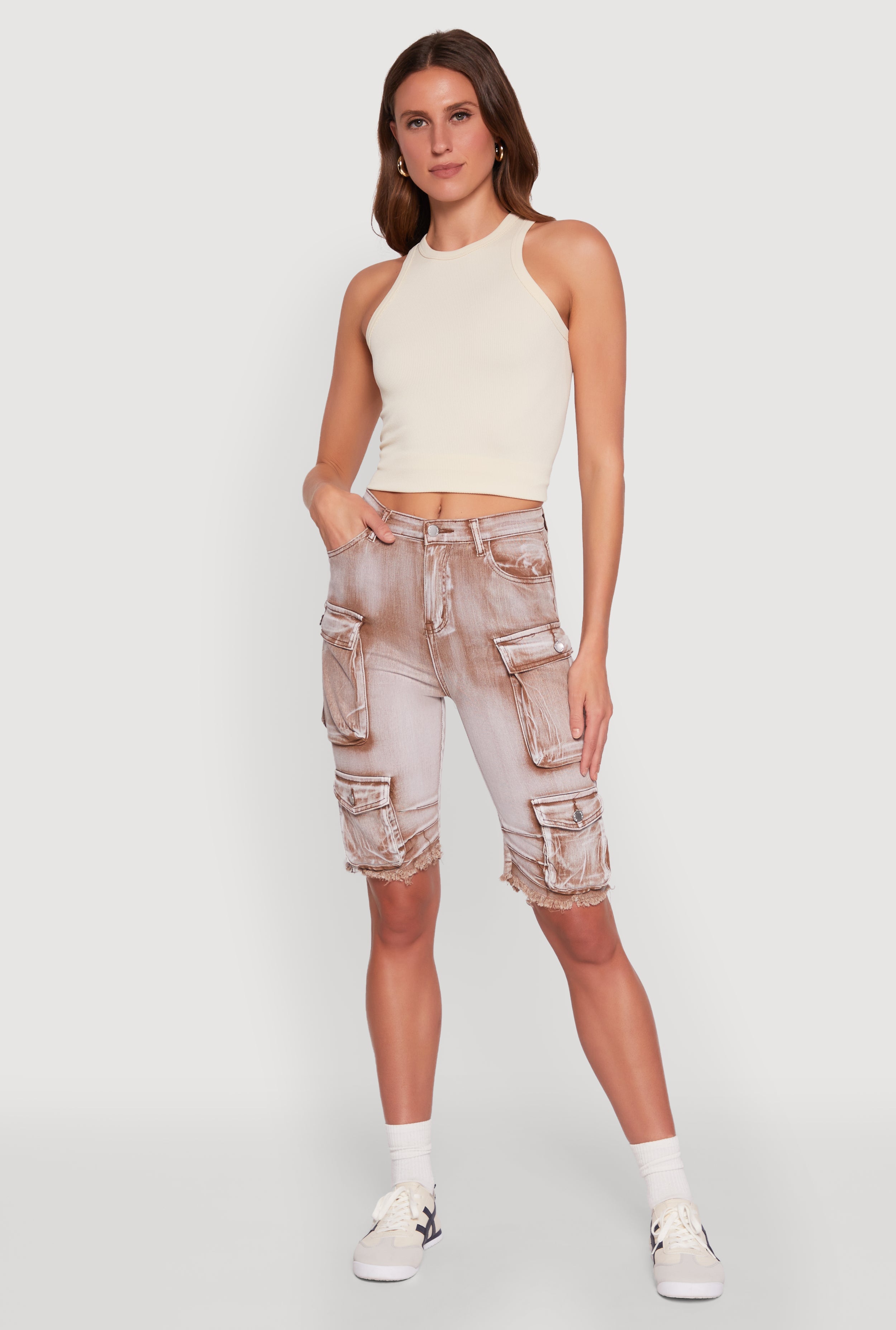 Daisy Acid Wash Raw Hem Utility Bermuda Shorts