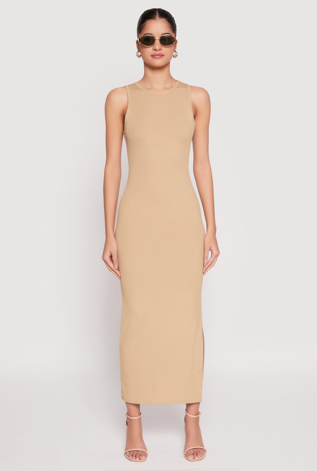 Ribbed Knit Side Slit Tank Maxi Dress