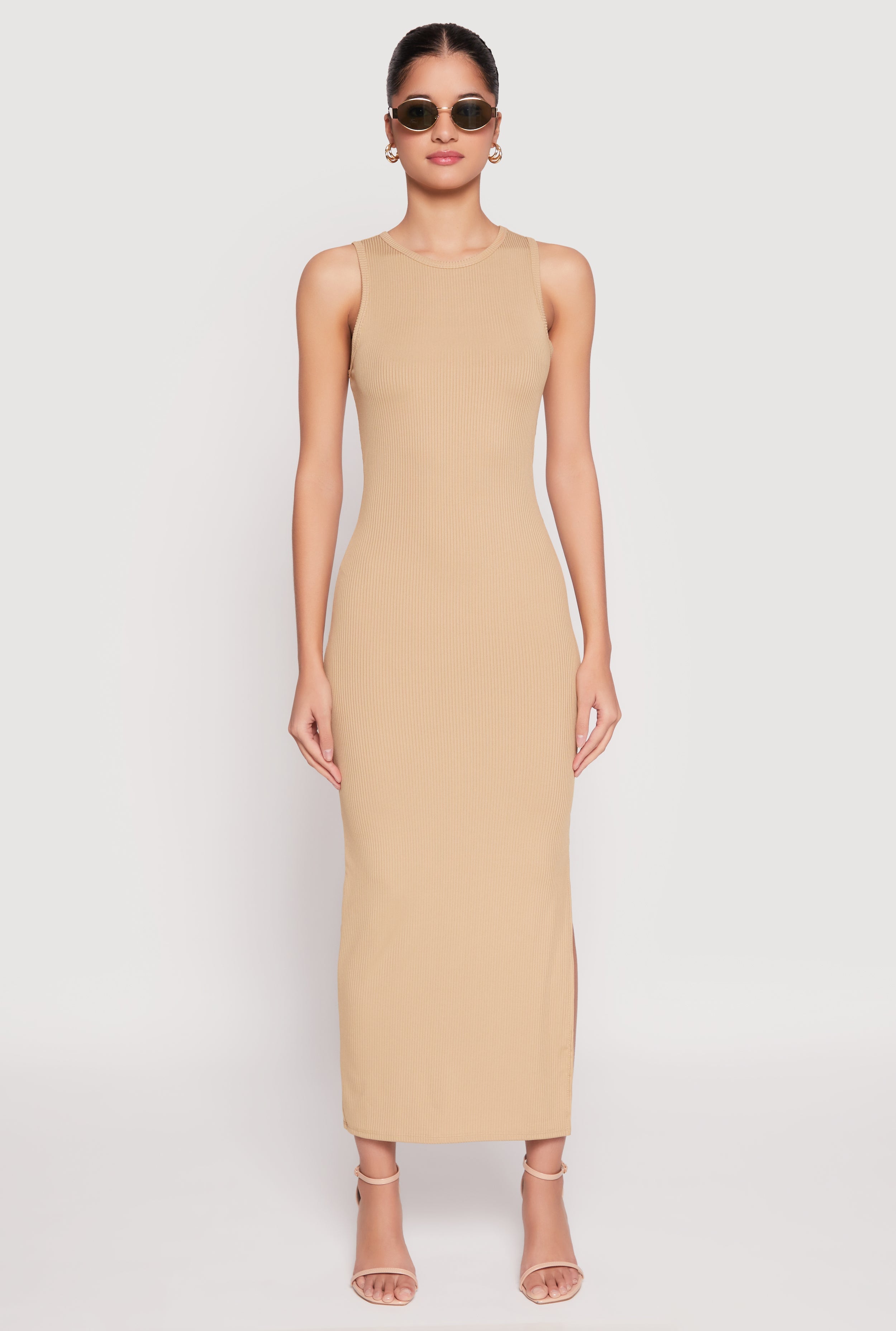 Ribbed Knit Side Slit Tank Maxi Dress