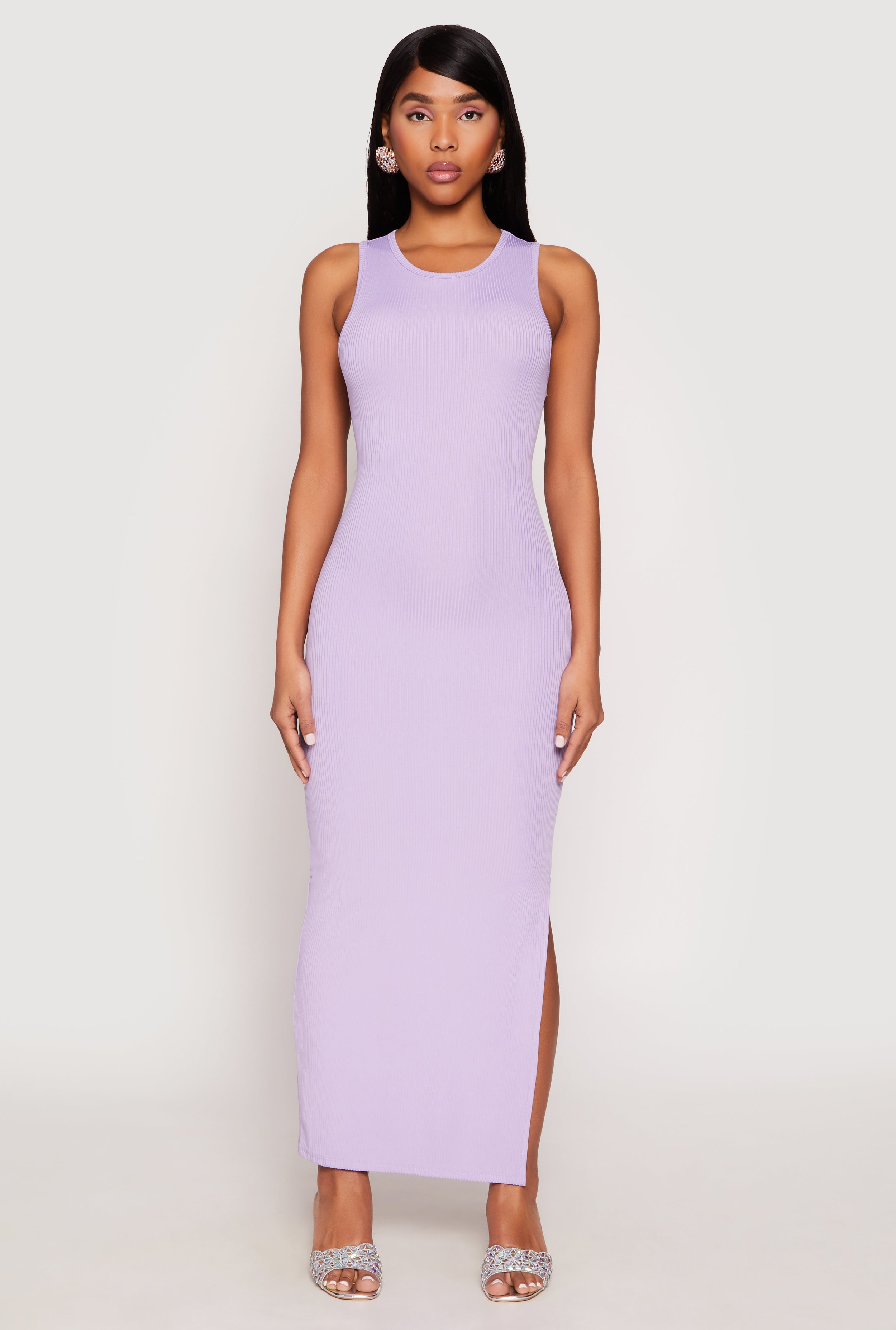 Ribbed Knit Side Slit Tank Maxi Dress