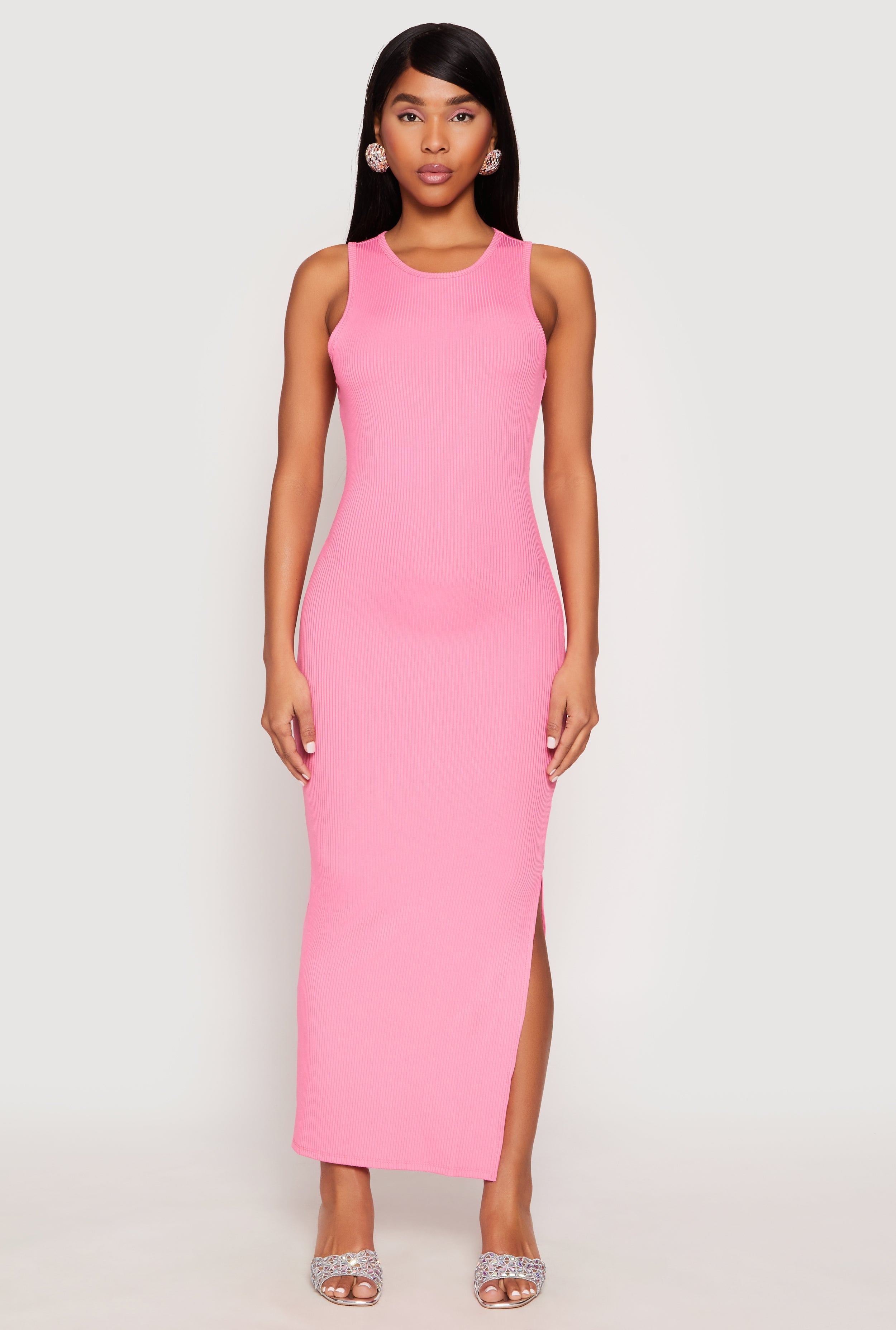 Ribbed Knit Side Slit Tank Maxi Dress