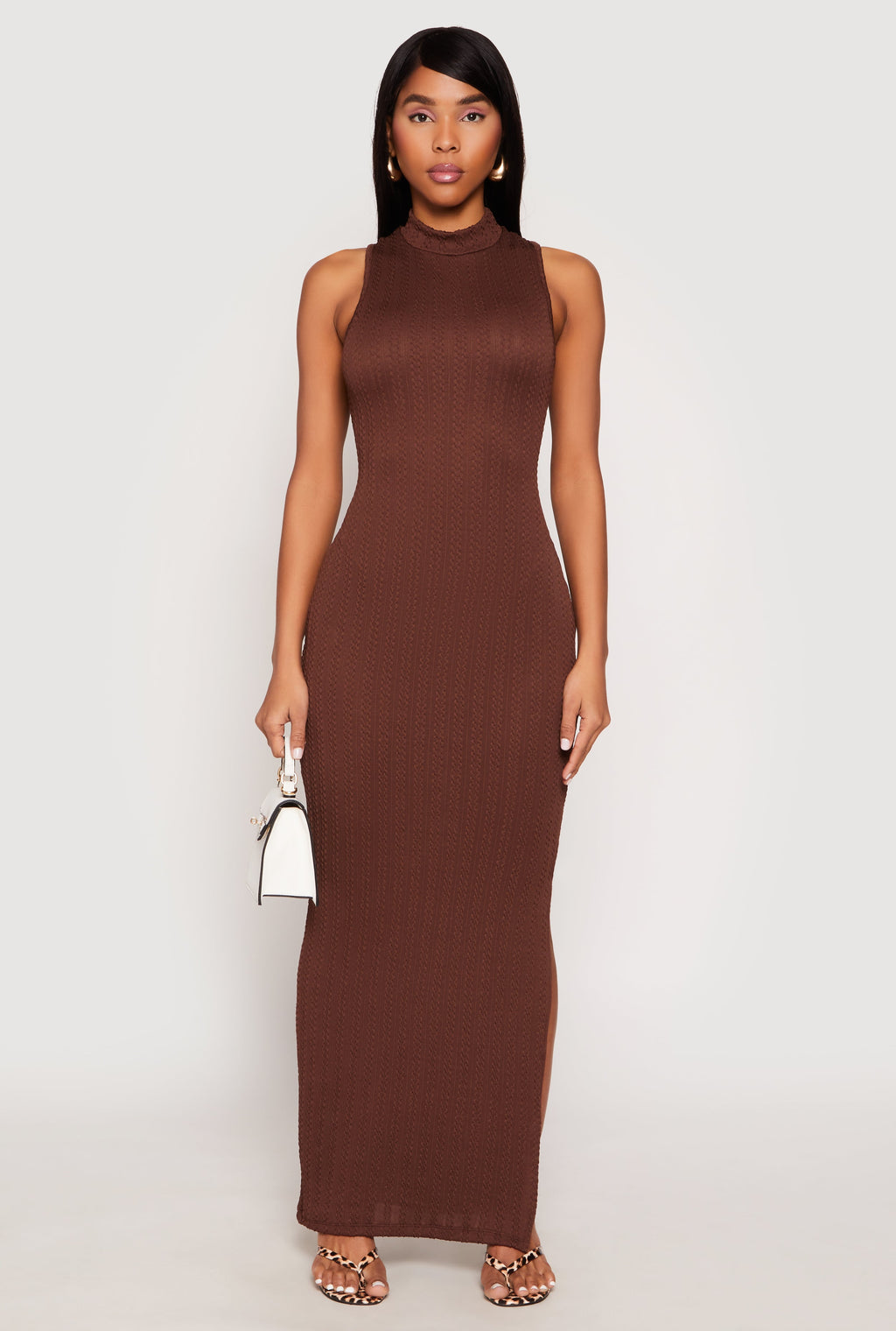Textured Knit Turtleneck Maxi Dress