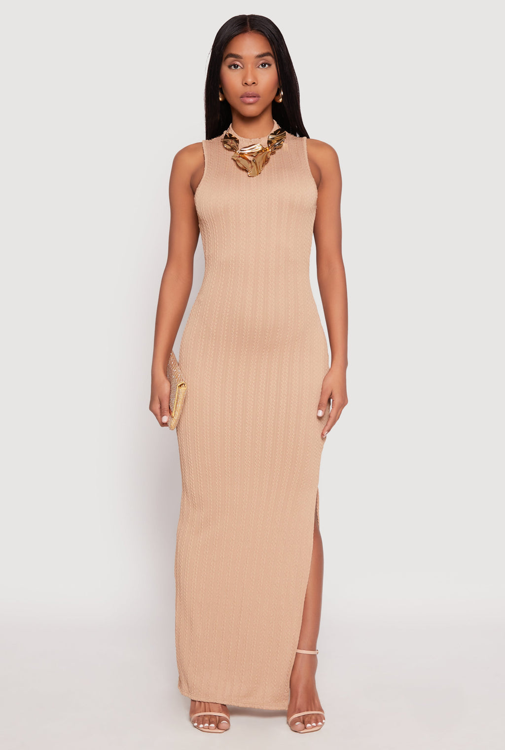 Textured Knit Turtleneck Maxi Dress