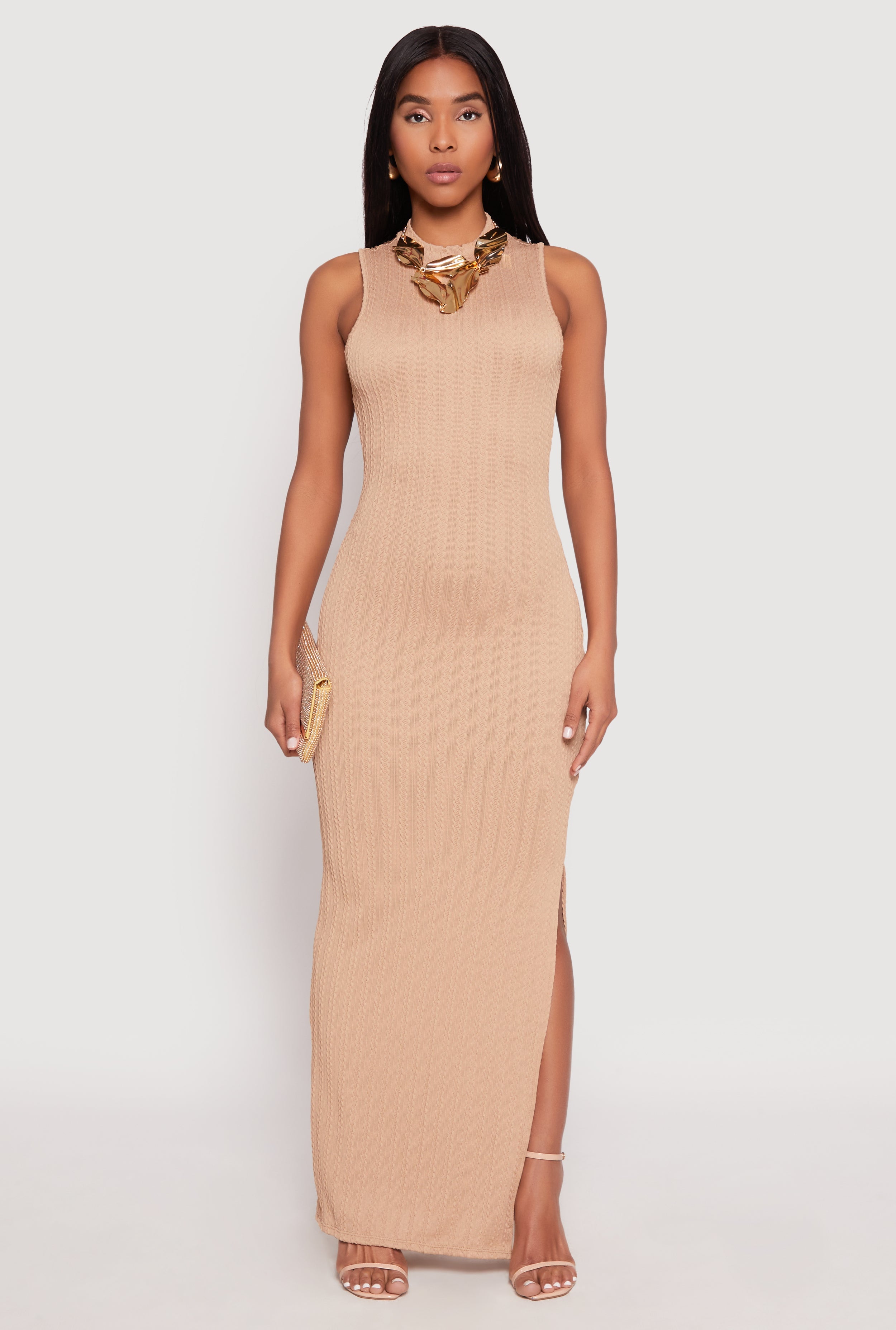 Textured Knit Turtleneck Maxi Dress