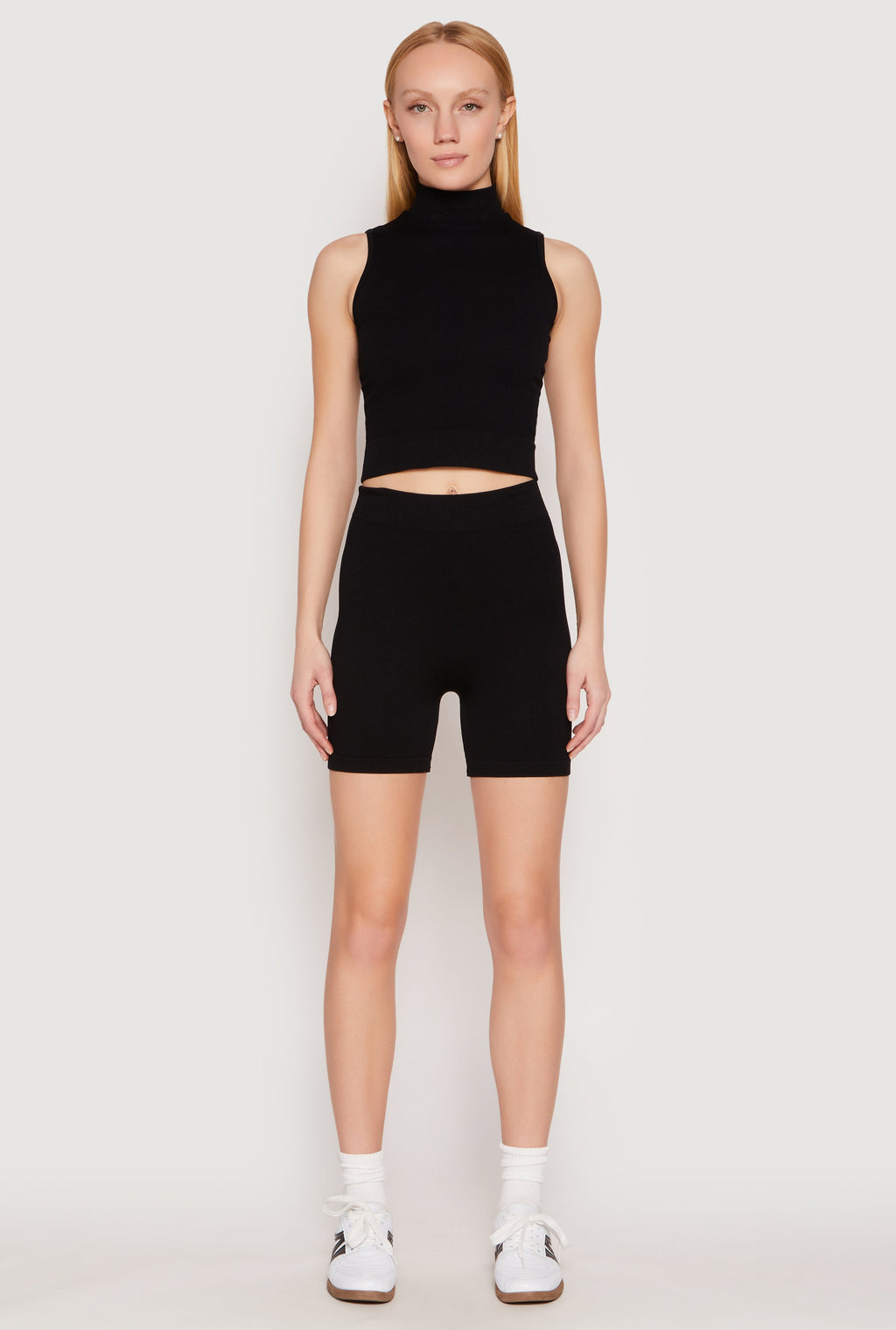 Seamless Rib Knit Mock Neck Tank Top and Biker Shorts