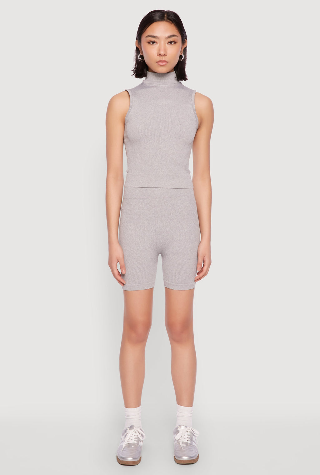 Seamless Rib Knit Mock Neck Tank Top and Biker Shorts