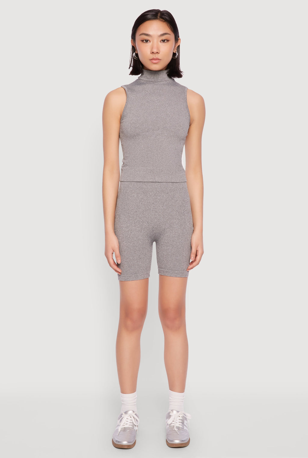 Seamless Rib Knit Mock Neck Tank Top and Biker Shorts