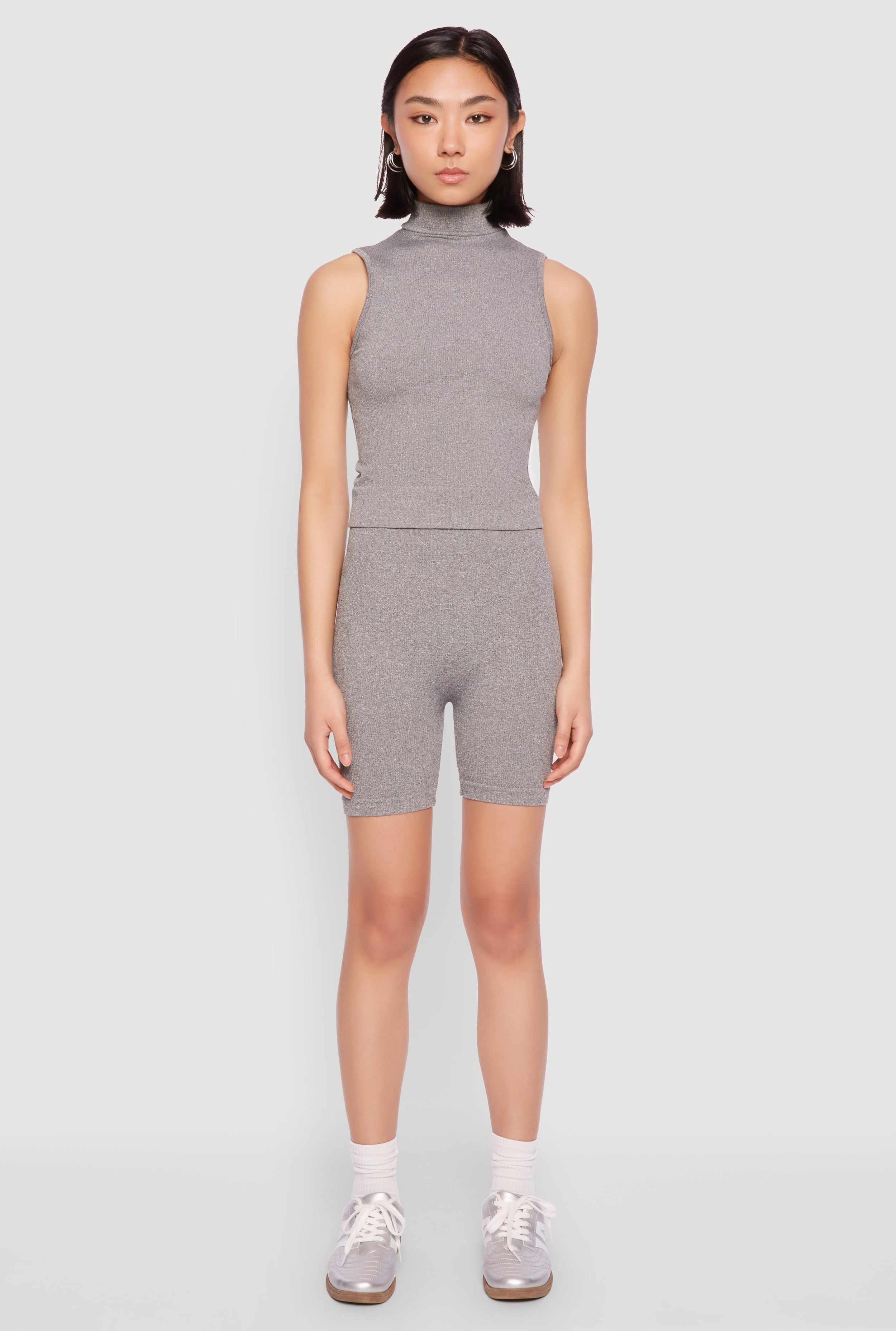 Seamless Rib Knit Mock Neck Tank Top and Biker Shorts