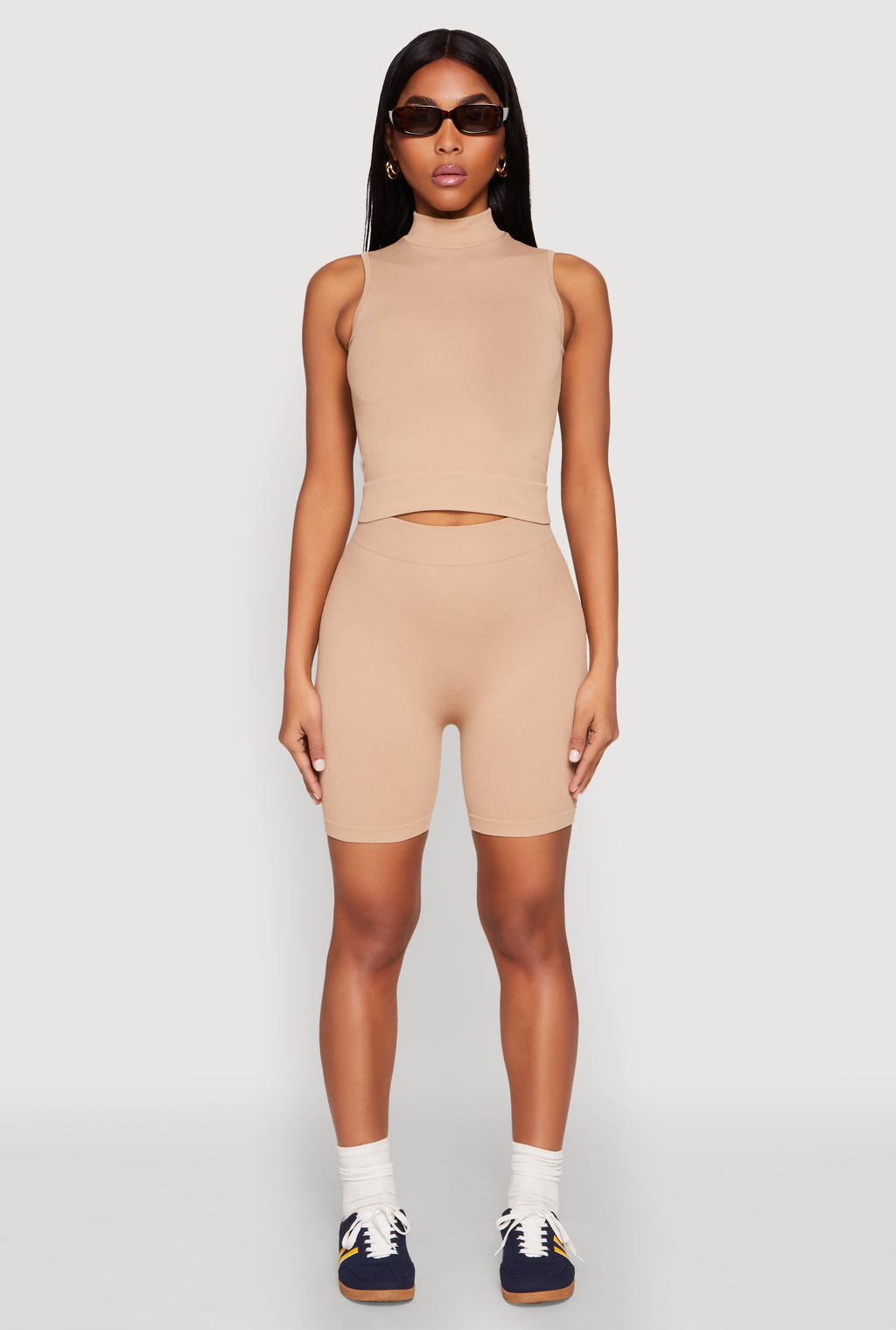 Seamless Rib Knit Mock Neck Tank Top and Biker Shorts