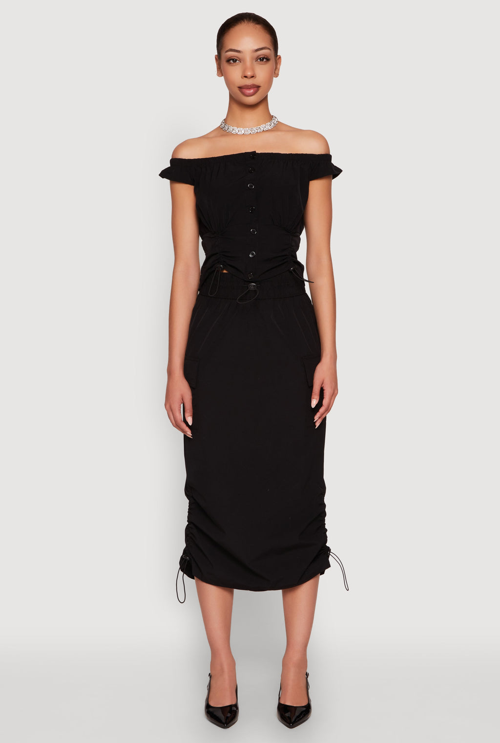 Toggle Drawstring Hem Midi Cargo Skirt