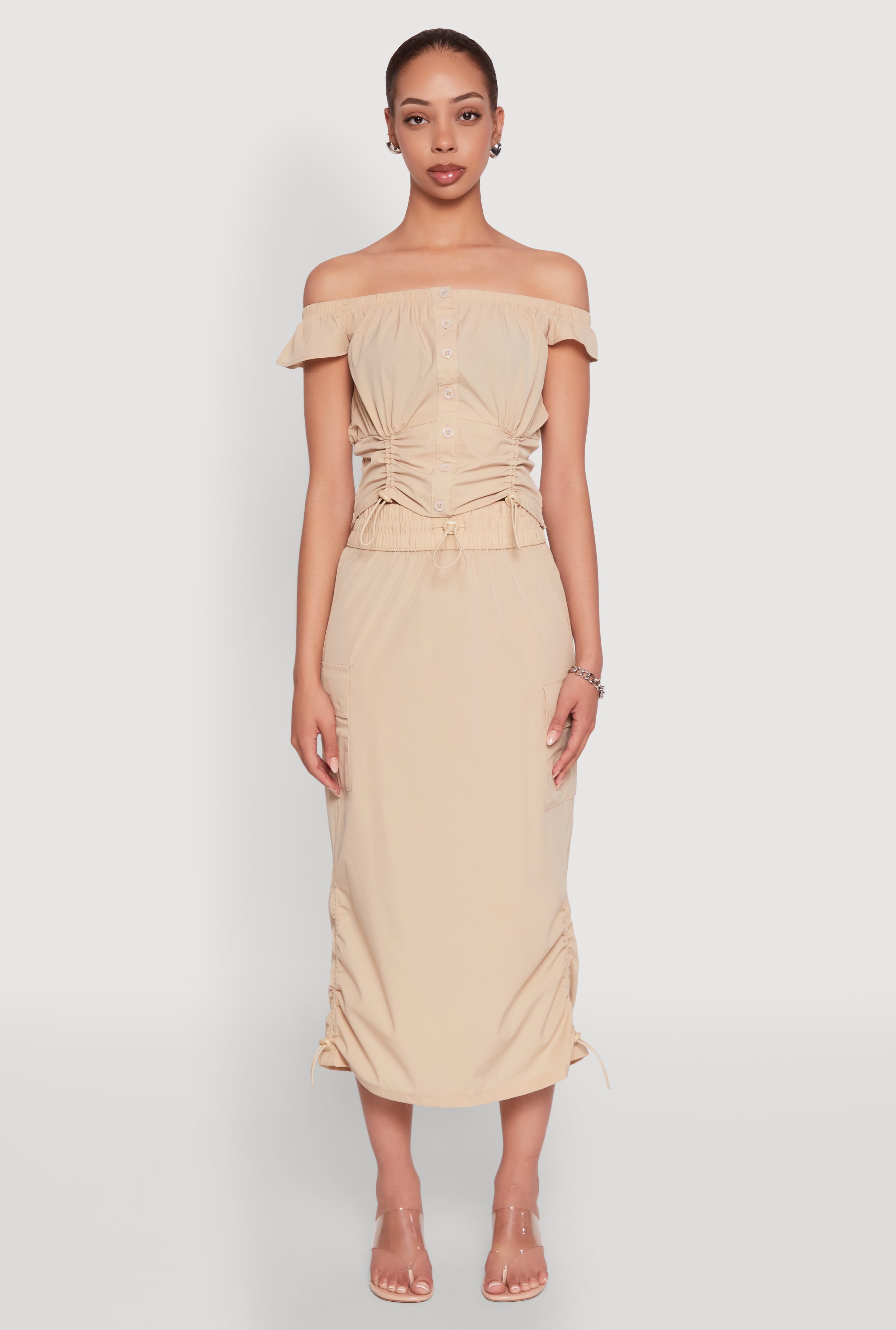 Toggle Drawstring Hem Midi Cargo Skirt