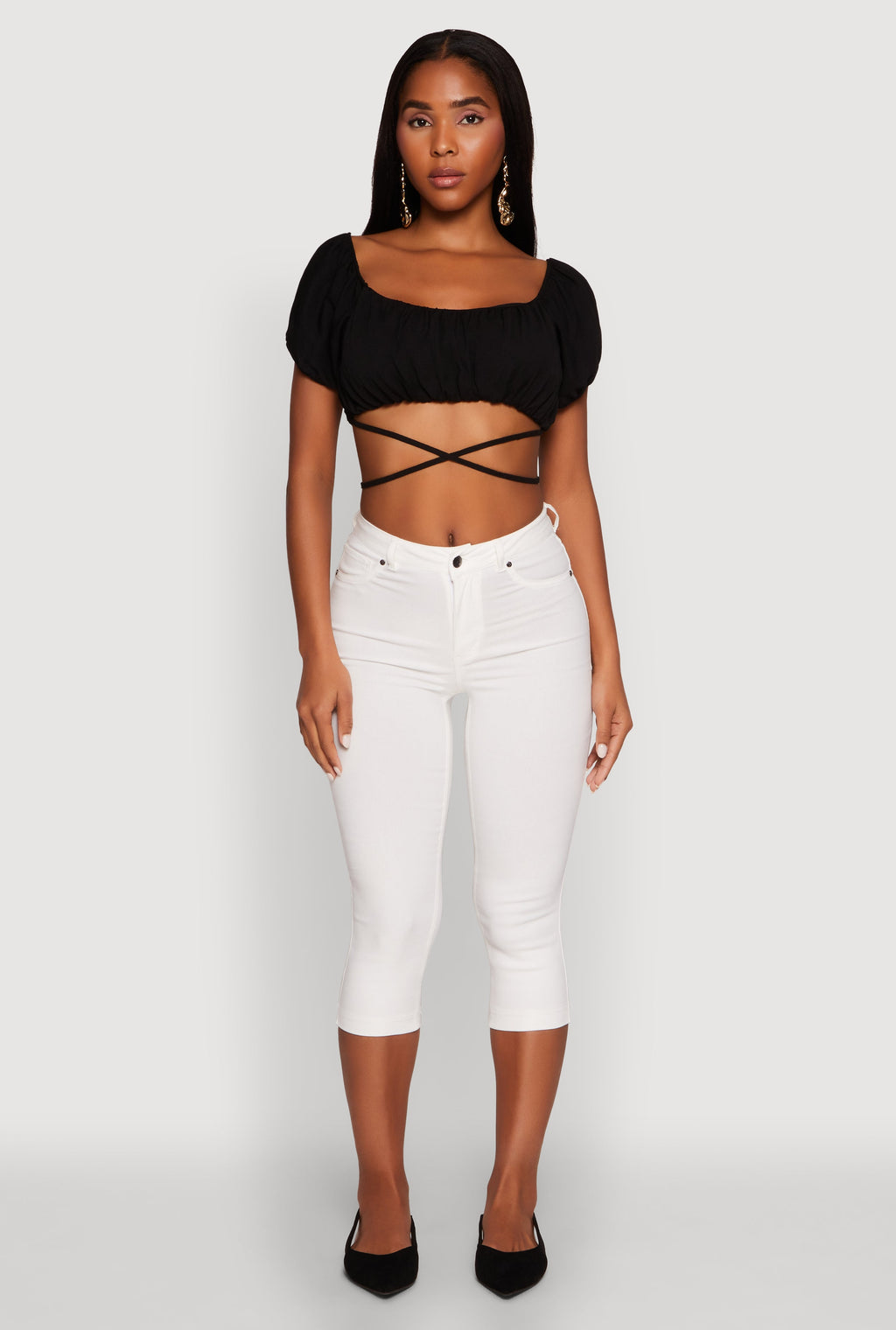 Ruched Tie Back Bubble Sleeve Crop Top