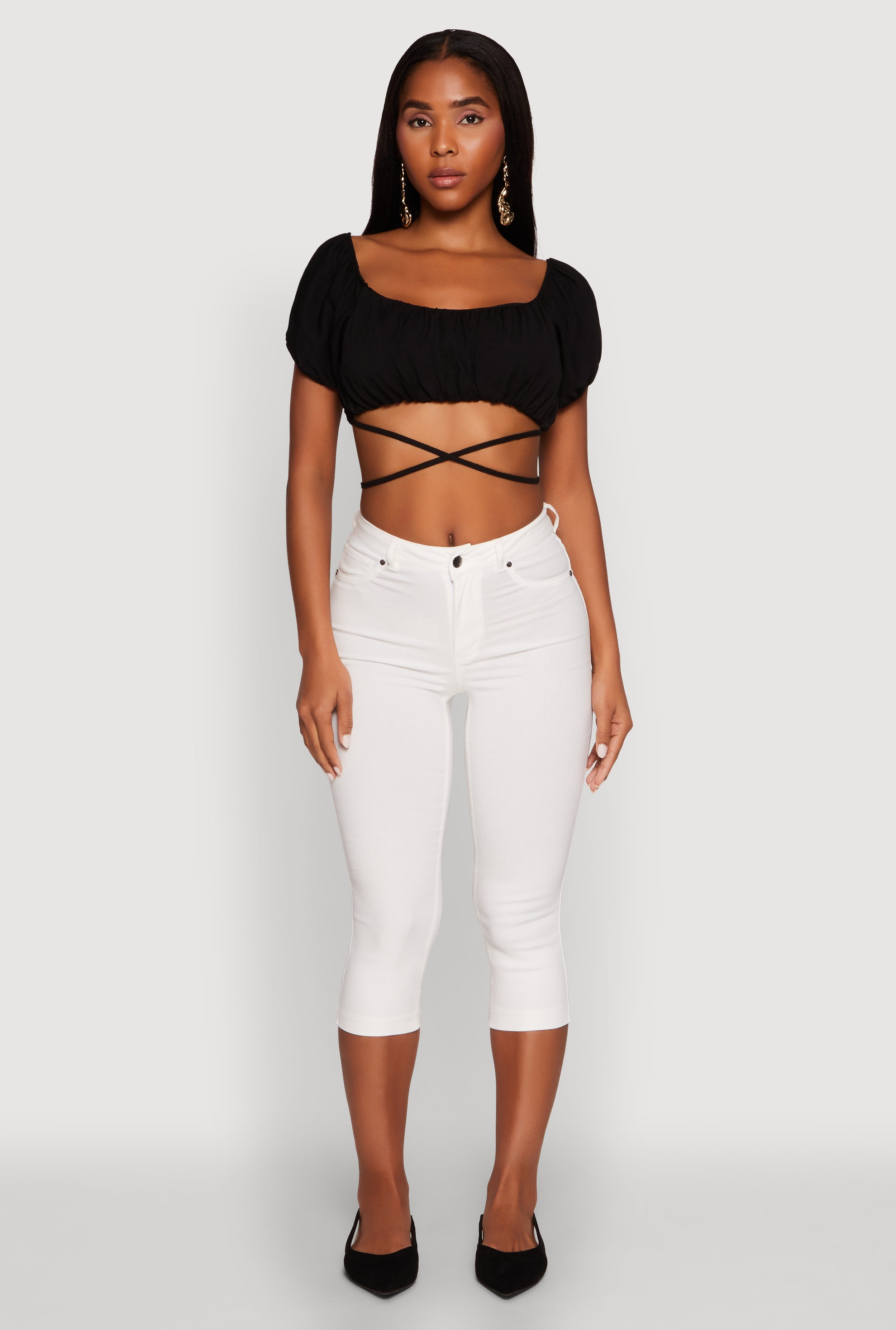 Ruched Tie Back Bubble Sleeve Crop Top
