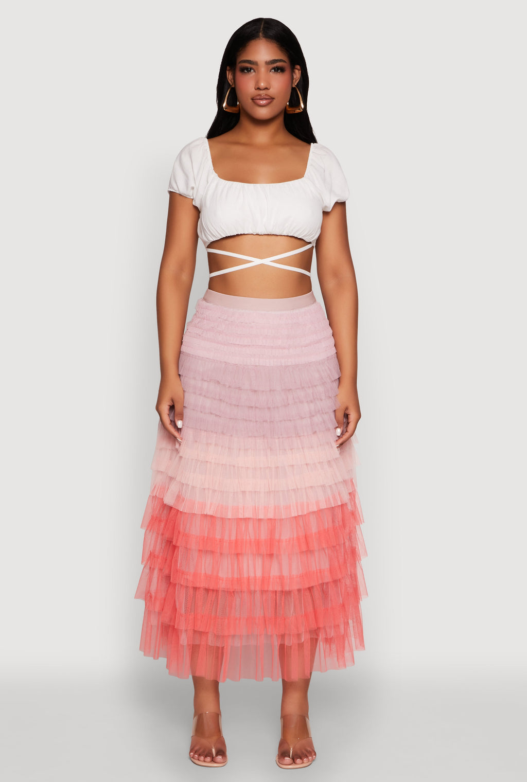 Ruched Tie Back Bubble Sleeve Crop Top