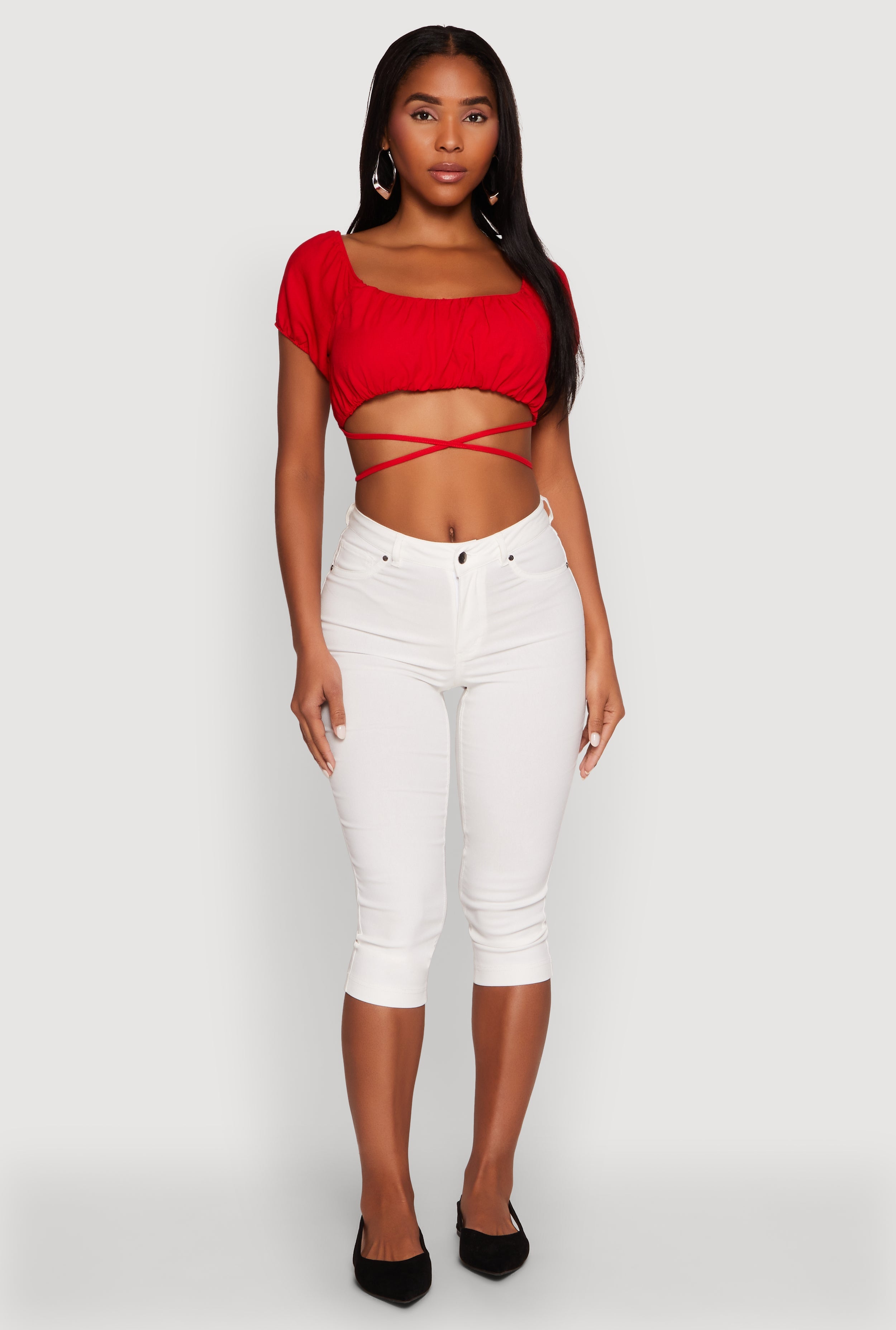 Ruched Tie Back Bubble Sleeve Crop Top