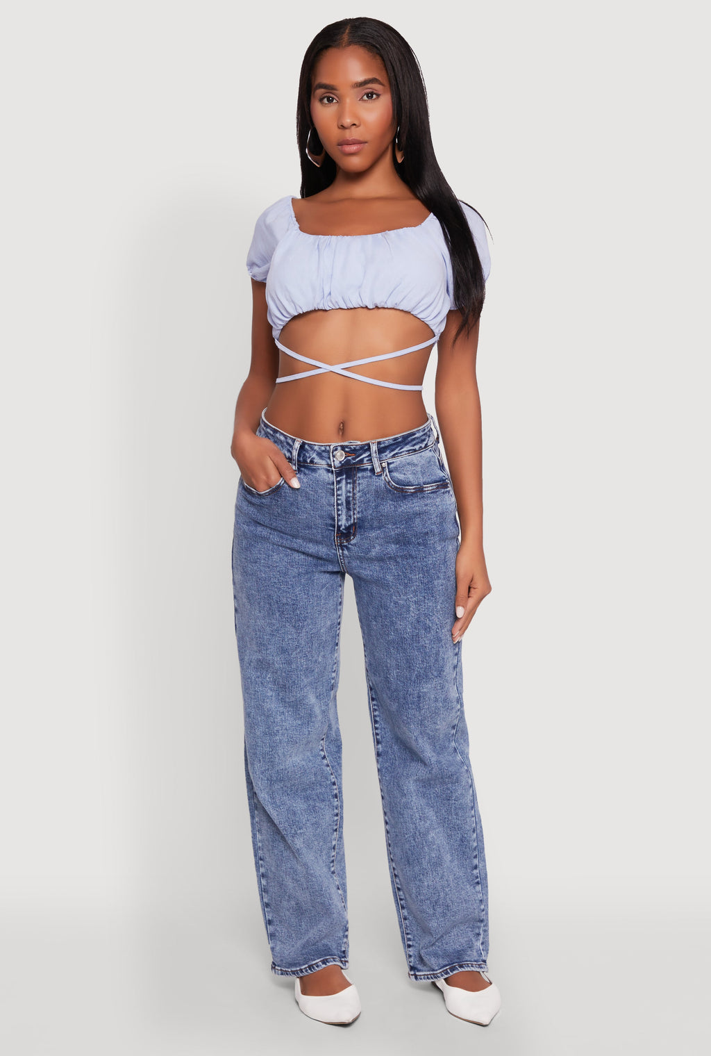 Ruched Tie Back Bubble Sleeve Crop Top