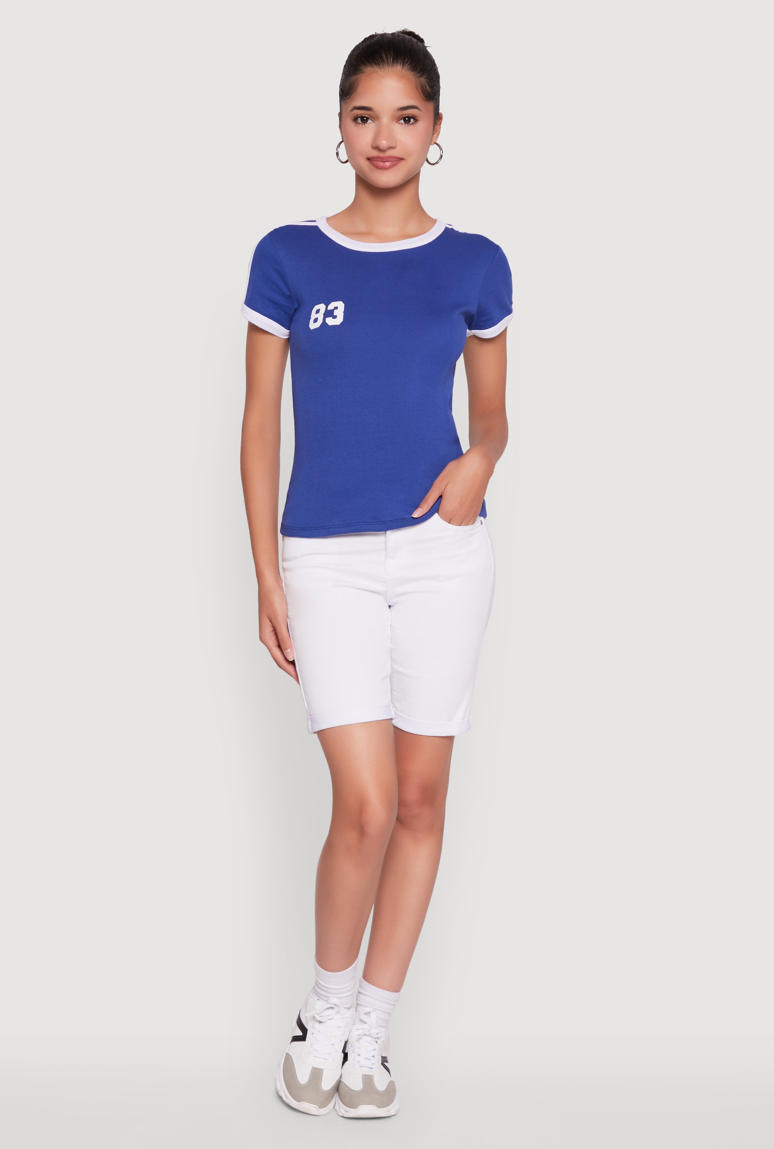 Stylish 83 Graphic Contrast Trim Cotton Jersey Tee