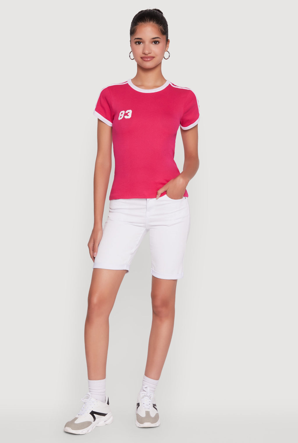 Stylish 83 Graphic Contrast Trim Cotton Jersey Tee