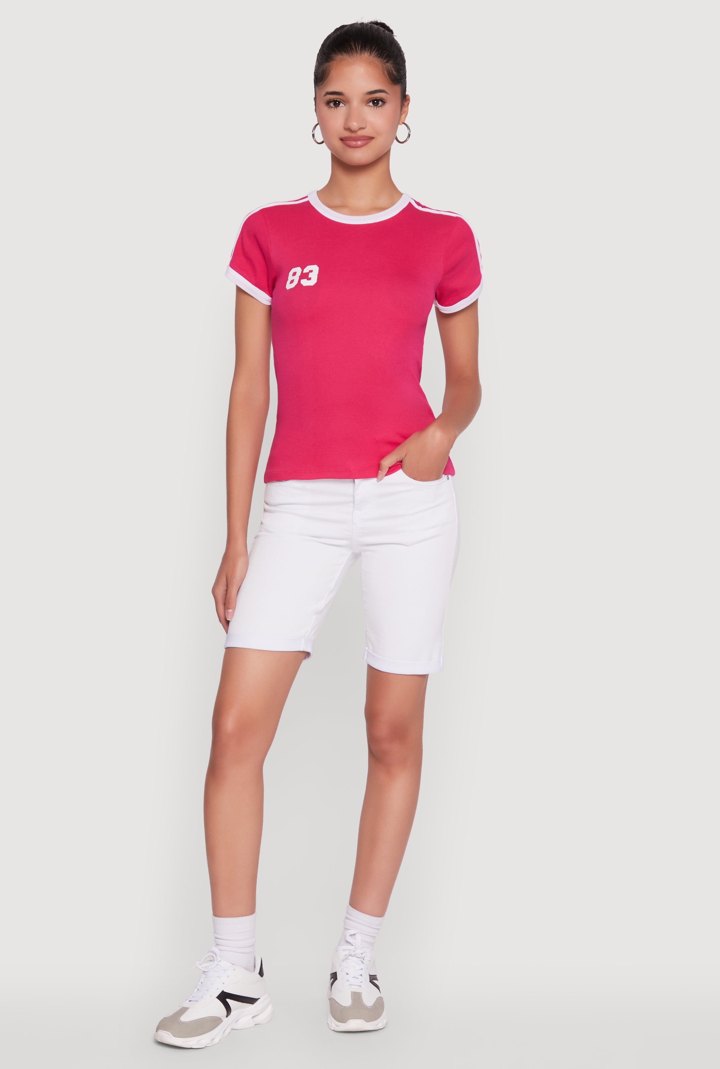 Stylish 83 Graphic Contrast Trim Cotton Jersey Tee