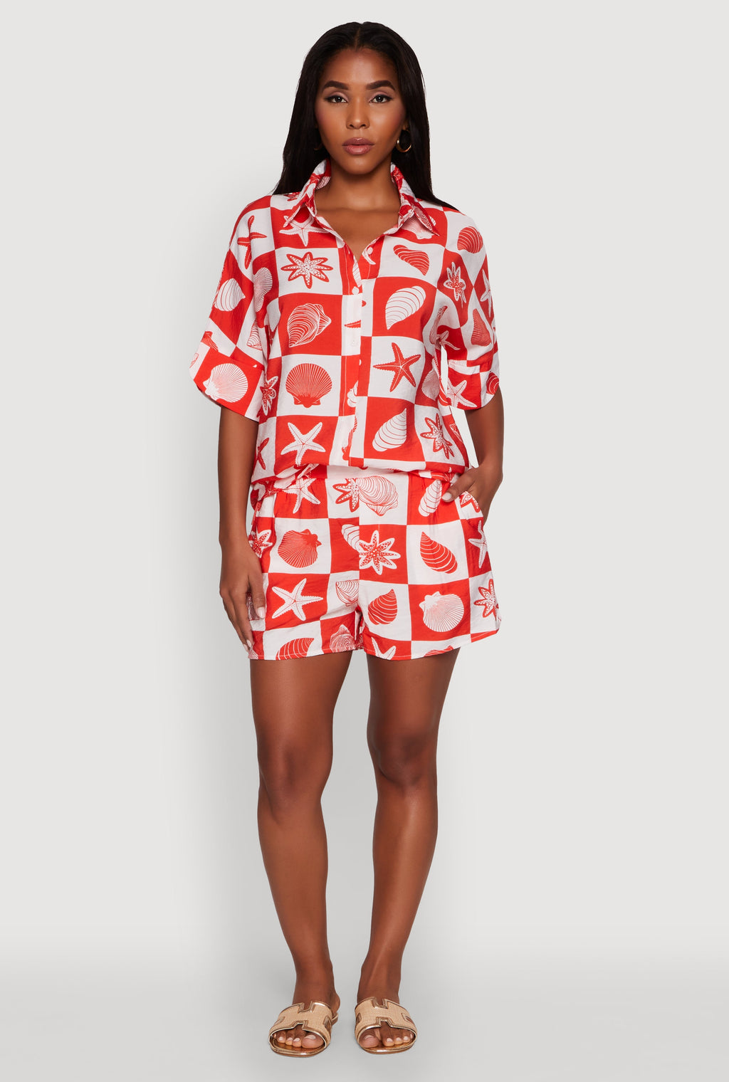 Trendy Crepe Knit High Waisted Beach Print Shorts