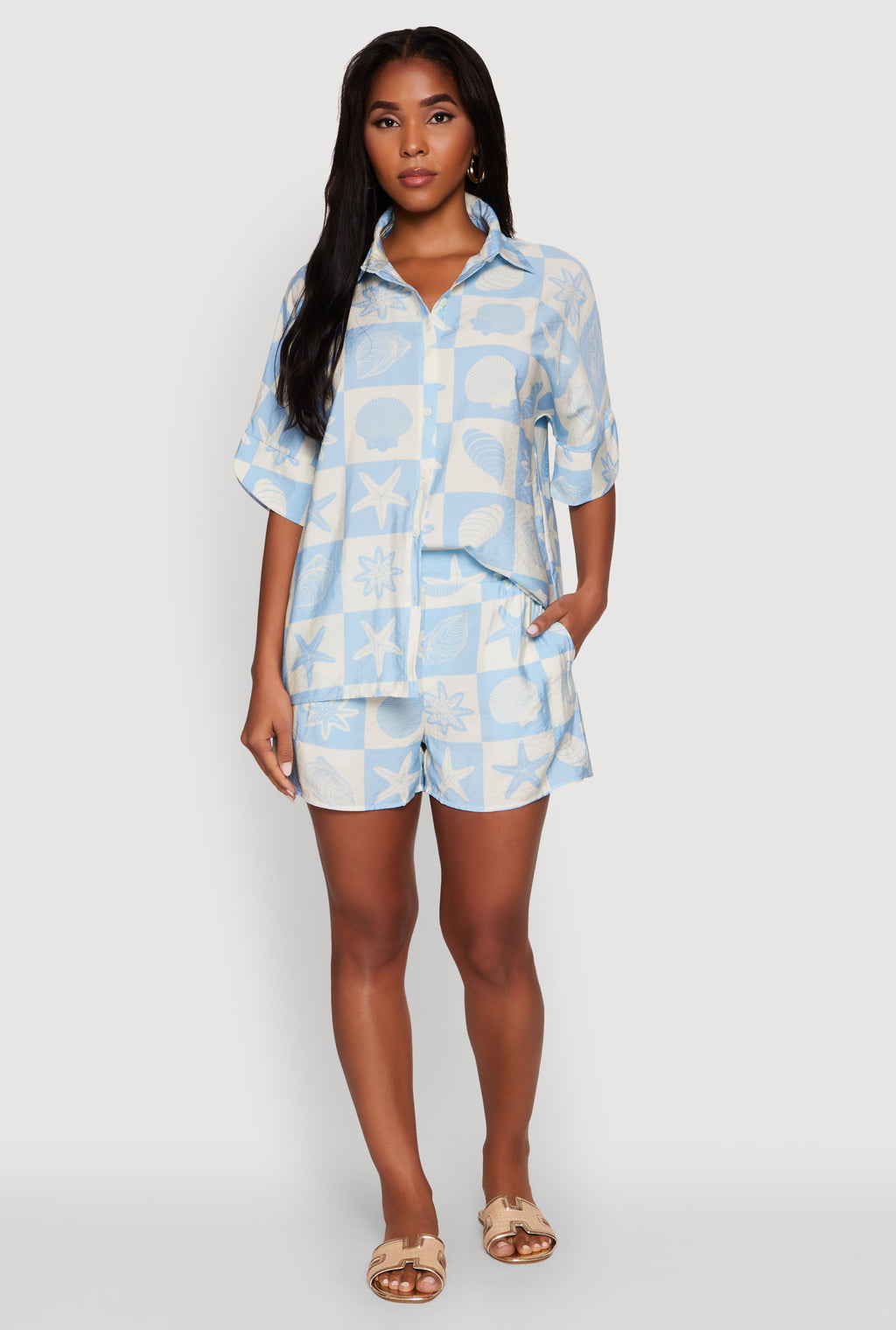 Trendy Crepe Knit High Waisted Beach Print Shorts