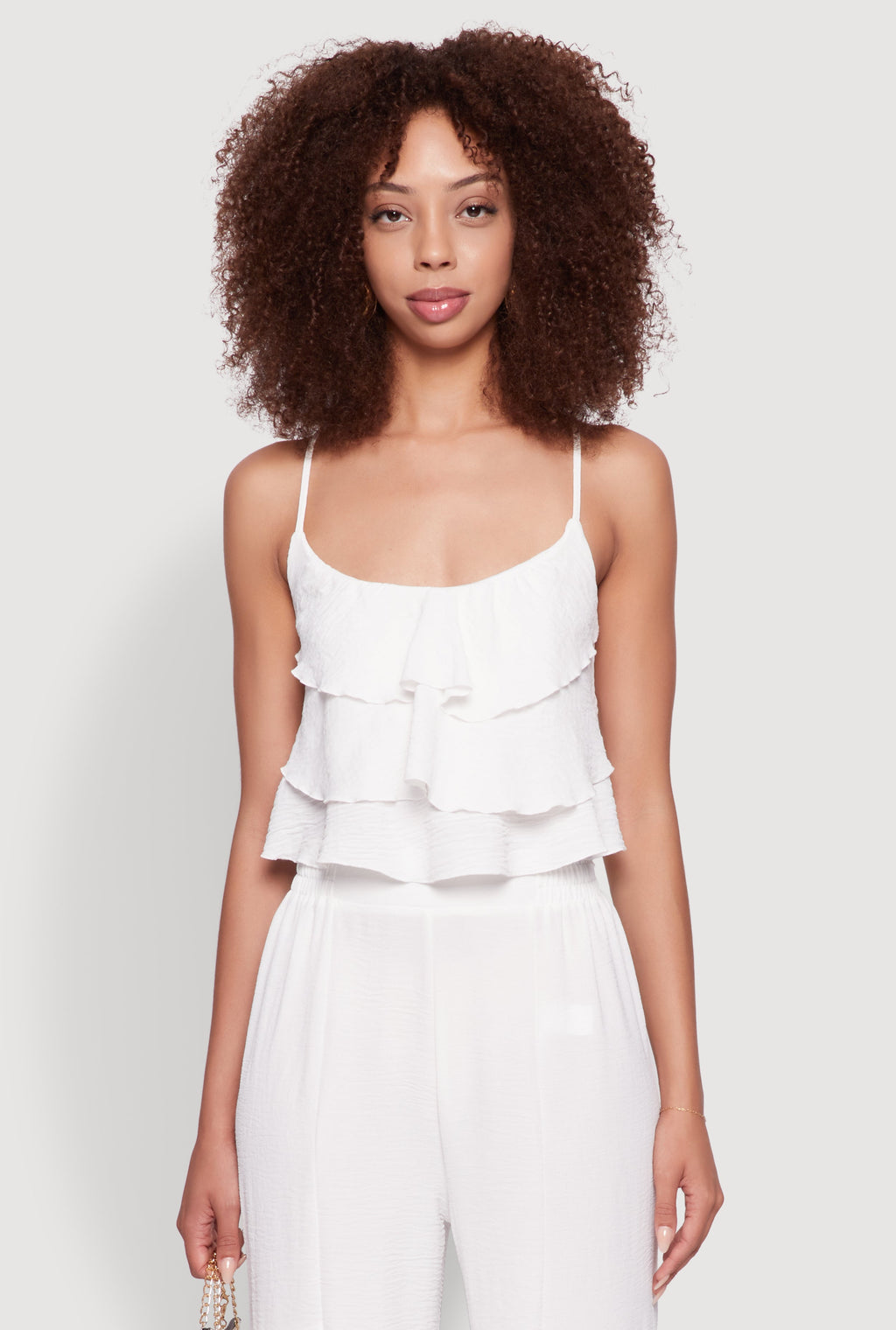 Chic Crepe Knit Tiered Ruffle Cami with Cropped Hem