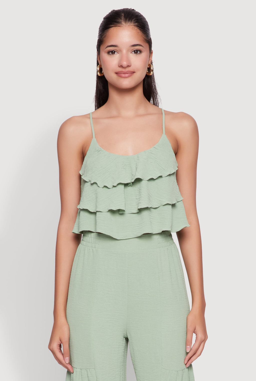 Chic Crepe Knit Tiered Ruffle Cami with Cropped Hem