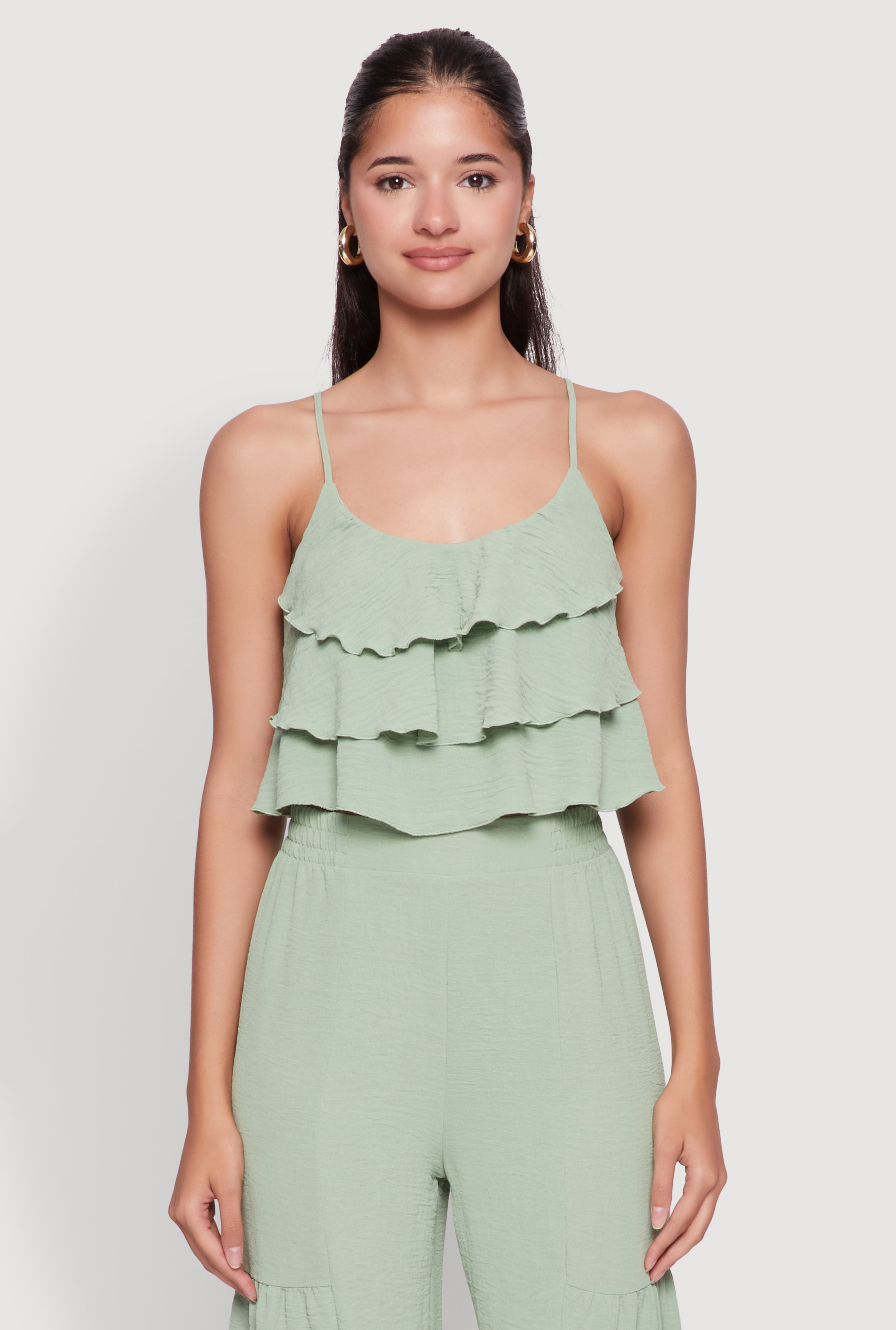 Chic Crepe Knit Tiered Ruffle Cami with Cropped Hem