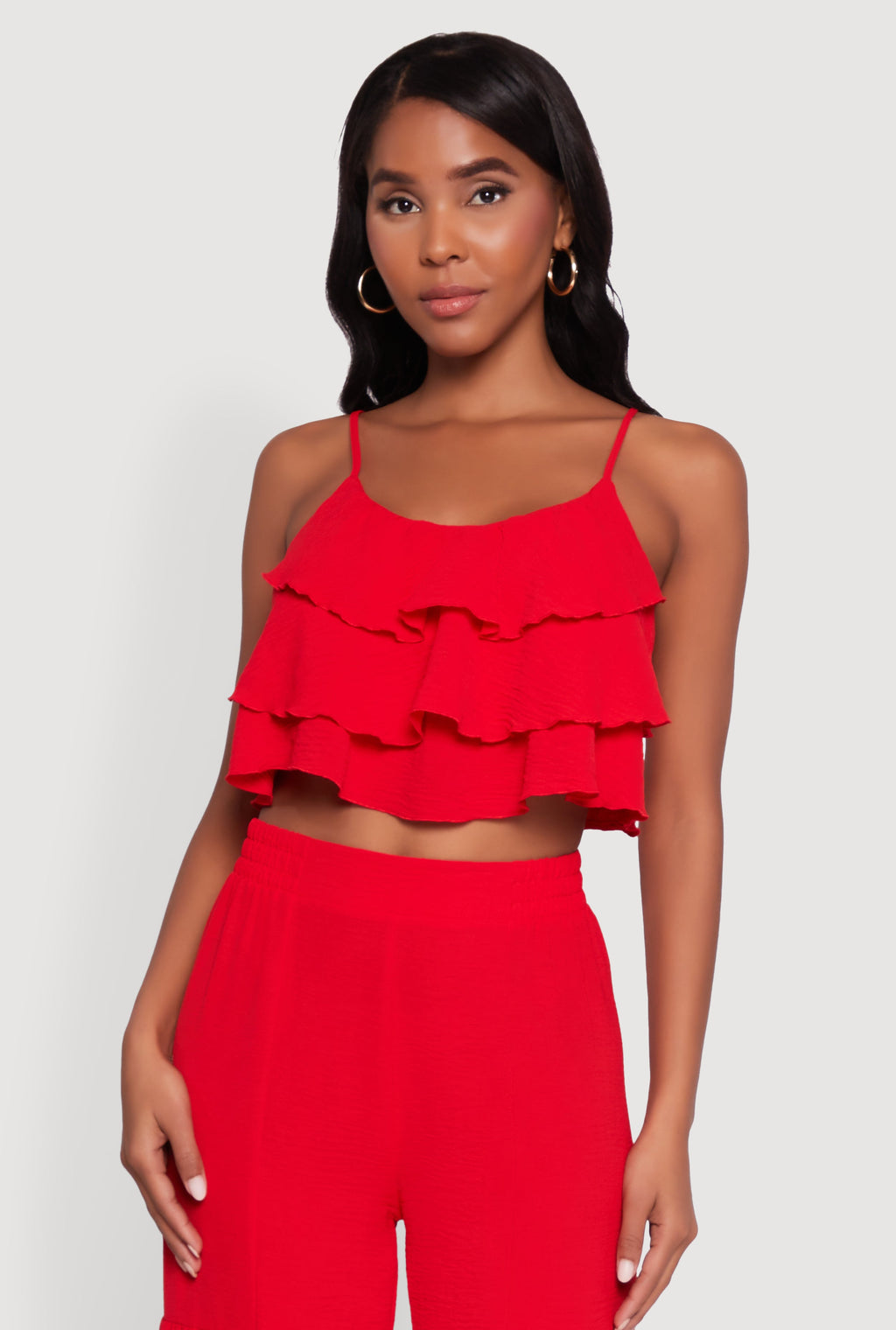 Chic Crepe Knit Tiered Ruffle Cami with Cropped Hem