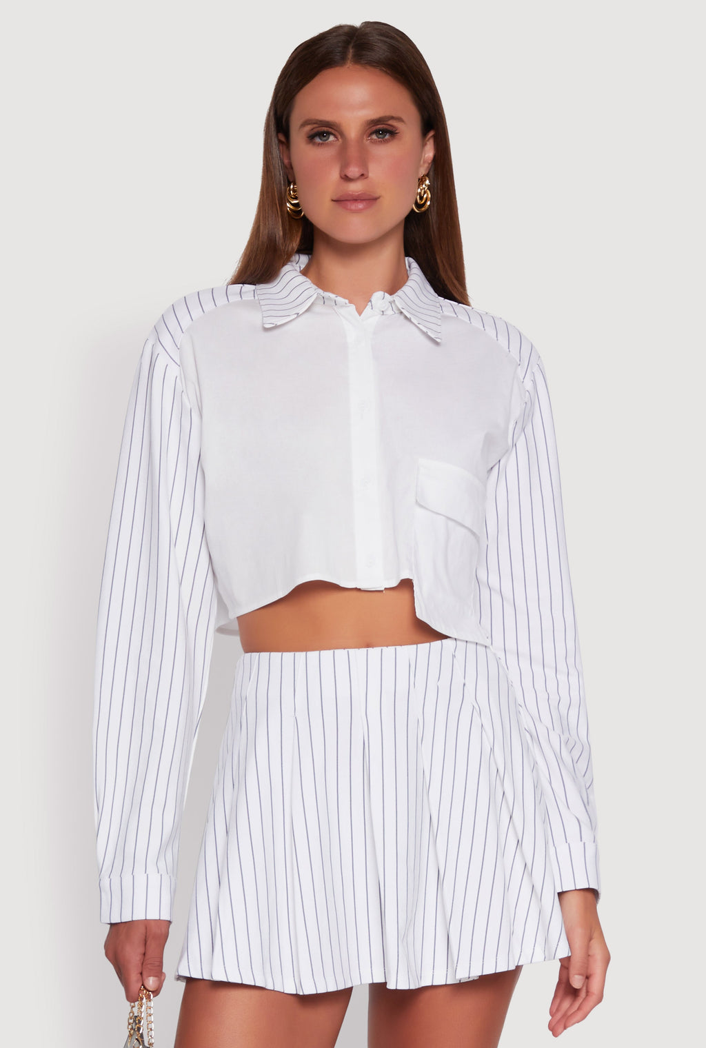 Trendy Pinstripe Detail Cropped Shirt with Flap Pocket