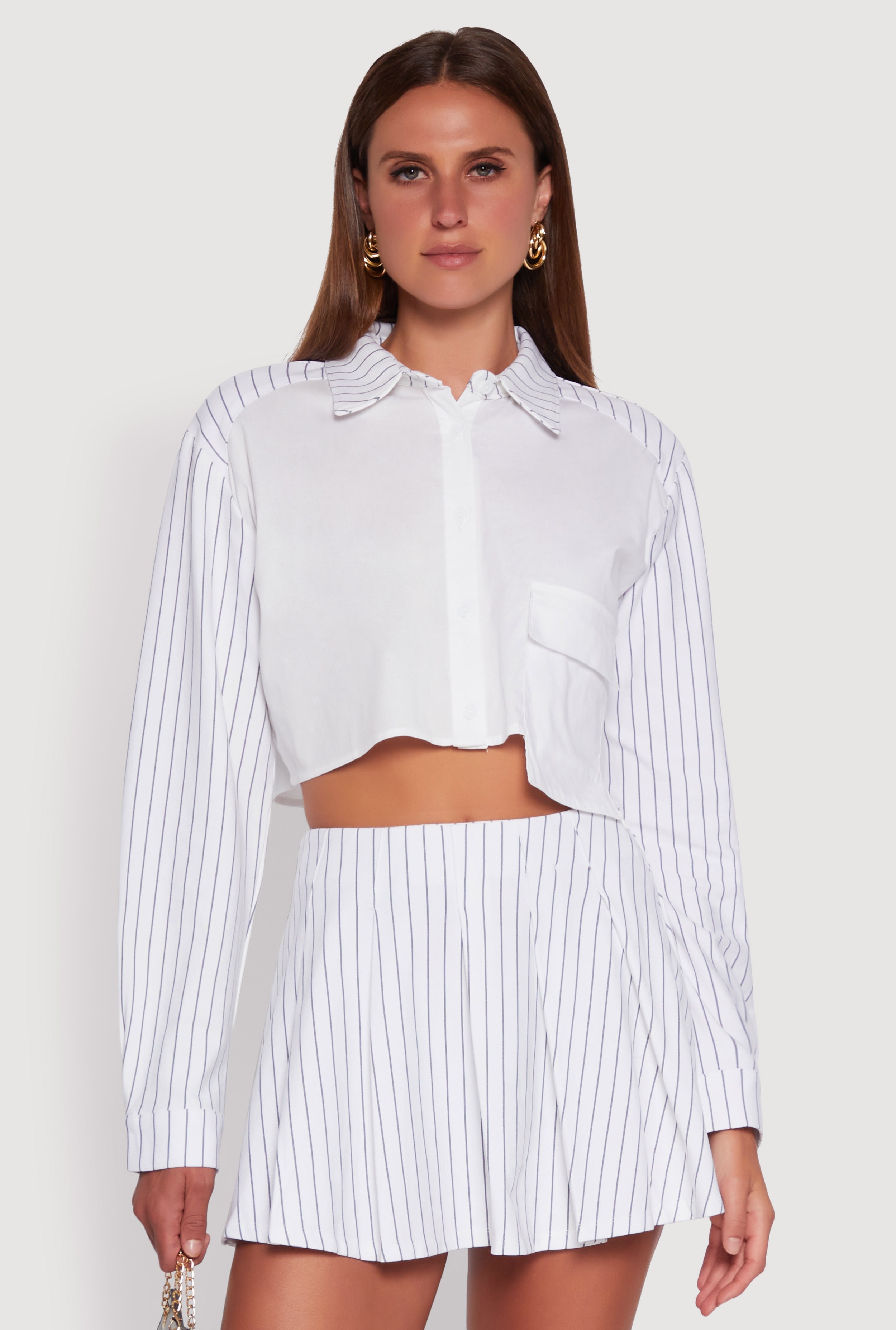 Trendy Pinstripe Detail Cropped Shirt with Flap Pocket