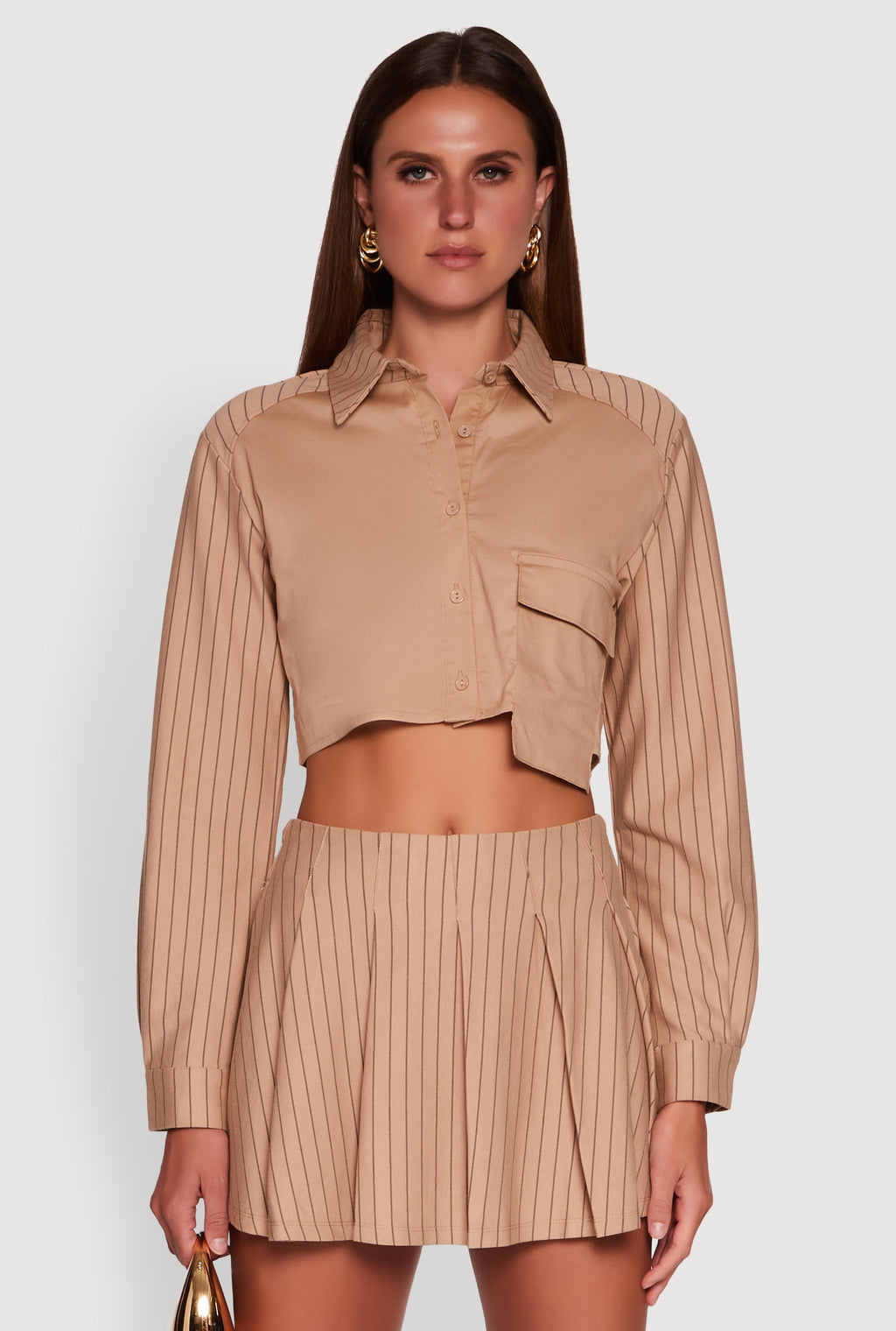 Trendy Pinstripe Detail Cropped Shirt with Flap Pocket