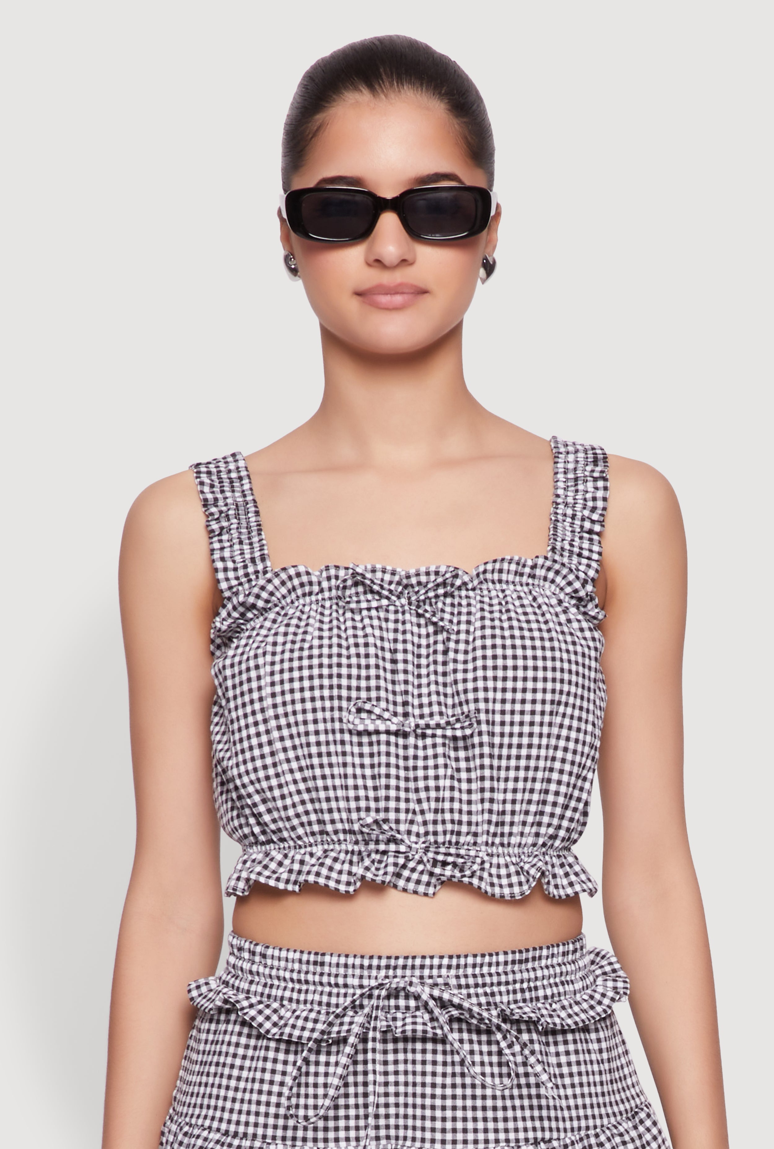 Iris Gingham Square Neck Crop Top with Bows and Ruffles