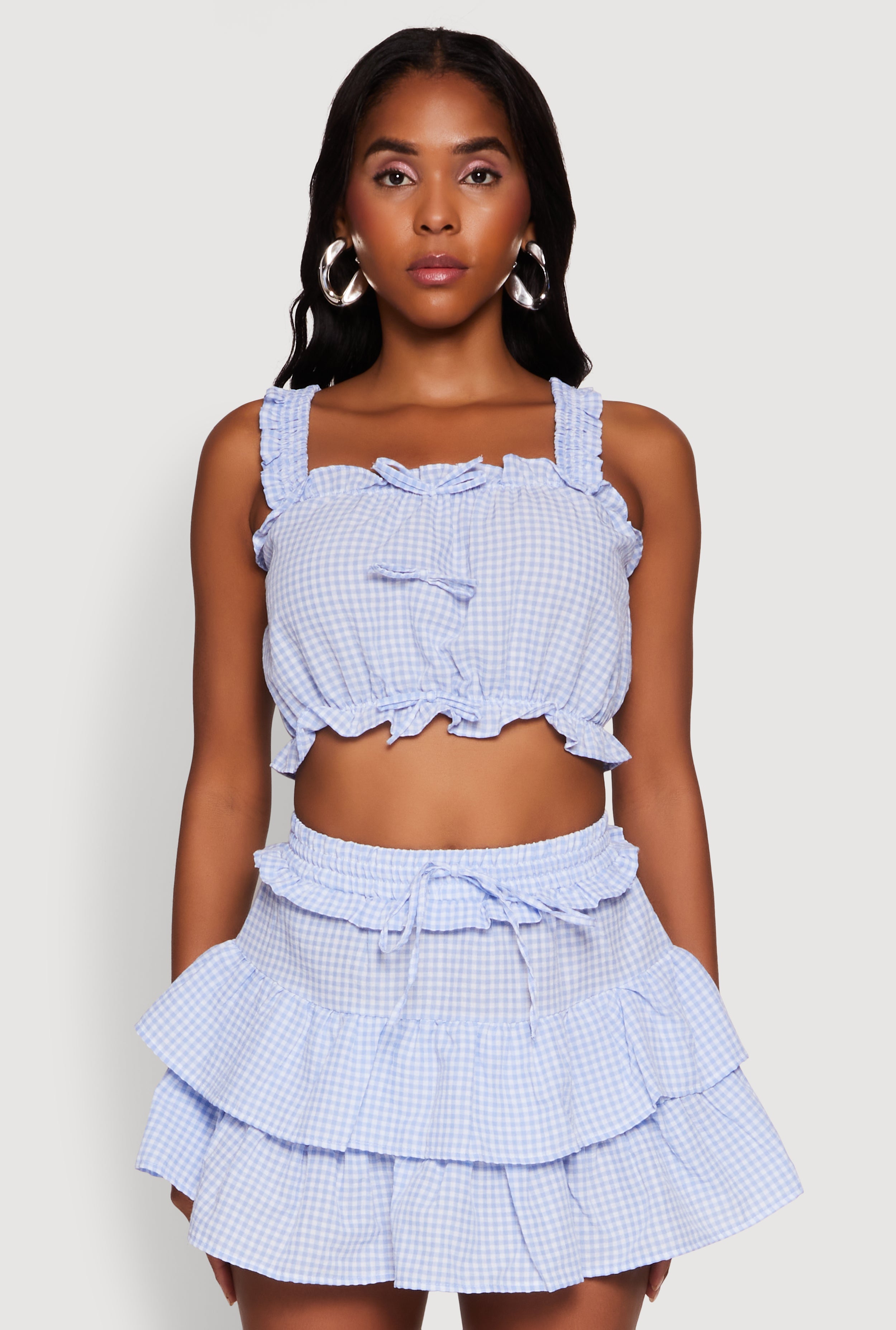 Iris Gingham Square Neck Crop Top with Bows and Ruffles