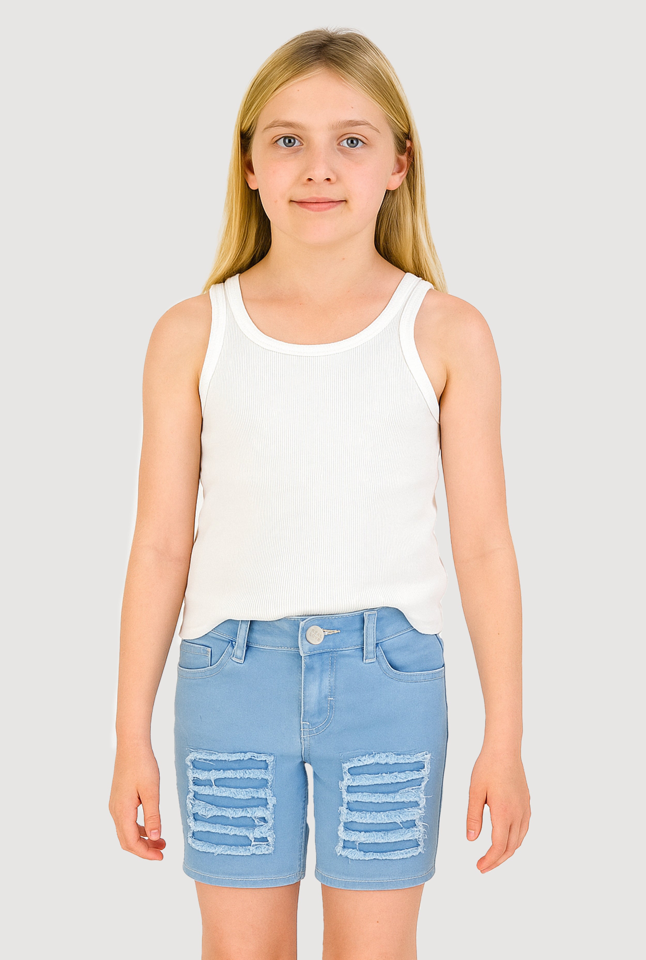Girls Patch and Repair Distressed Bermuda Shorts