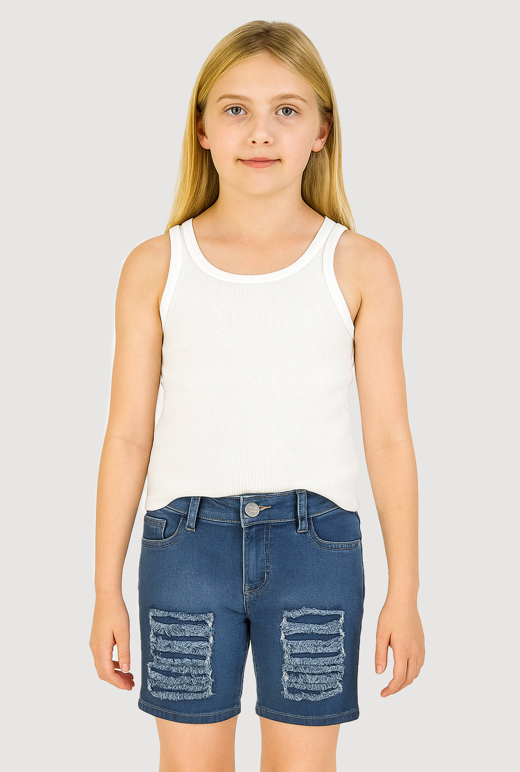 Girls Patch and Repair Distressed Bermuda Shorts