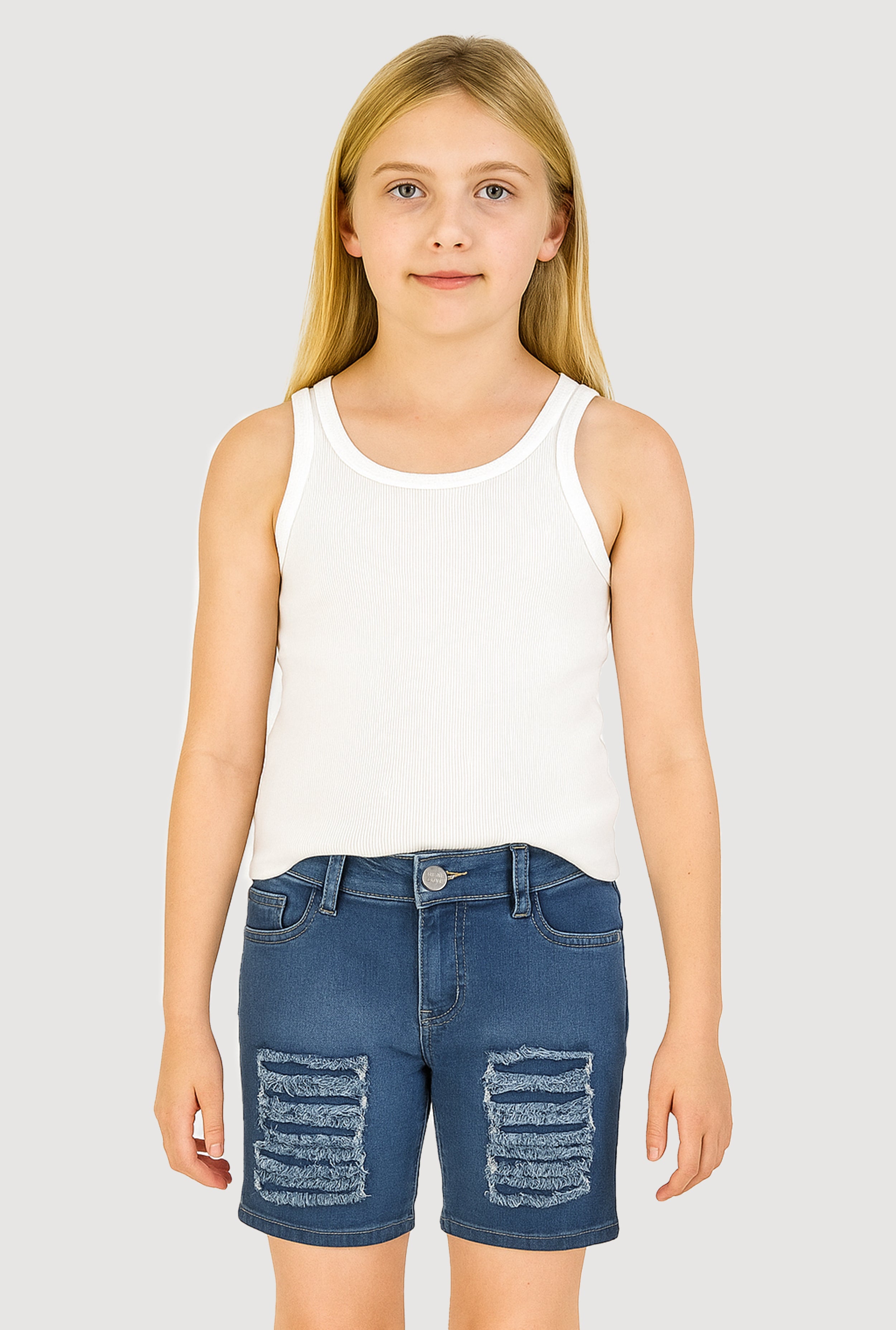 Girls Patch and Repair Distressed Bermuda Shorts